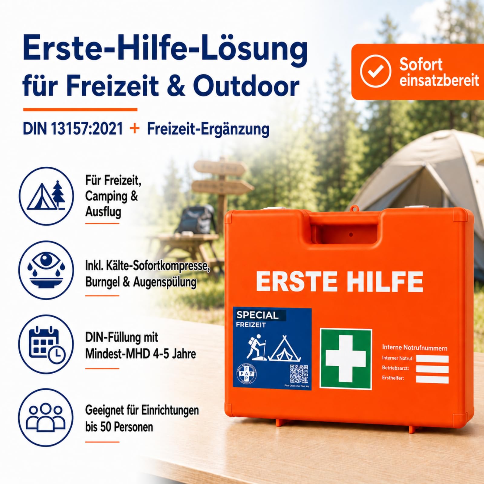 FAP Erste-Hilfe-Koffer Freizeit DIN 13157 gefüllt - orange | Burngel & Kühlspray| Wandern Jugendherberge Pfadfinder Ferienlager Verein Outdoor Camp, Betriebsverbandkasten Wandhalterung -33×42×15 cm