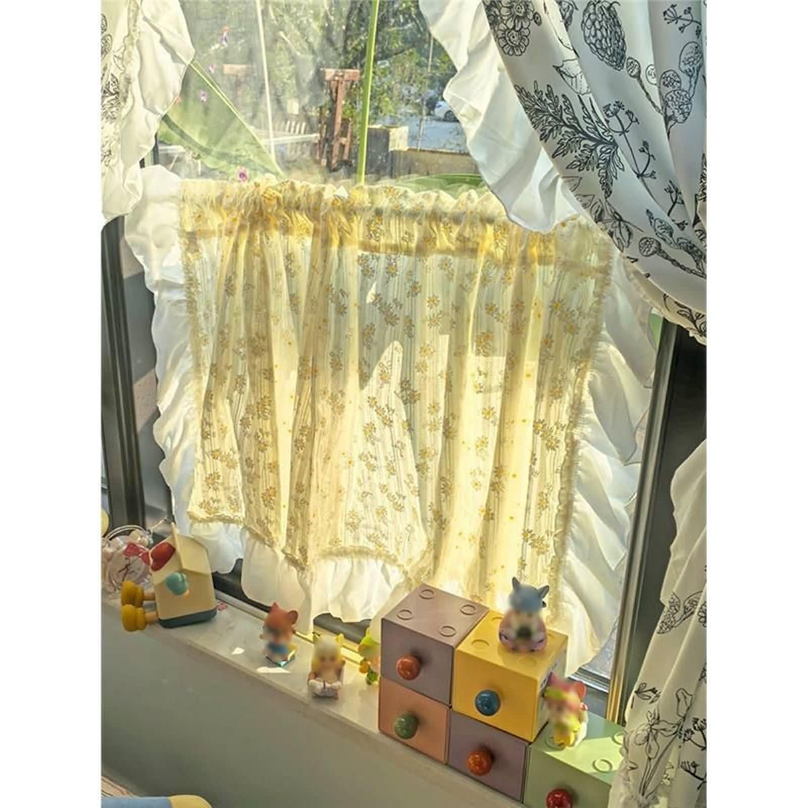 Gardinen 1 Stück Kurz Fenster,140 cm Breit,Rod Tasche | Blumenmuster mit Rüschen,Kuscheliger Flanell,Lichtdurchlässig,Gelb,140 x 60 CM