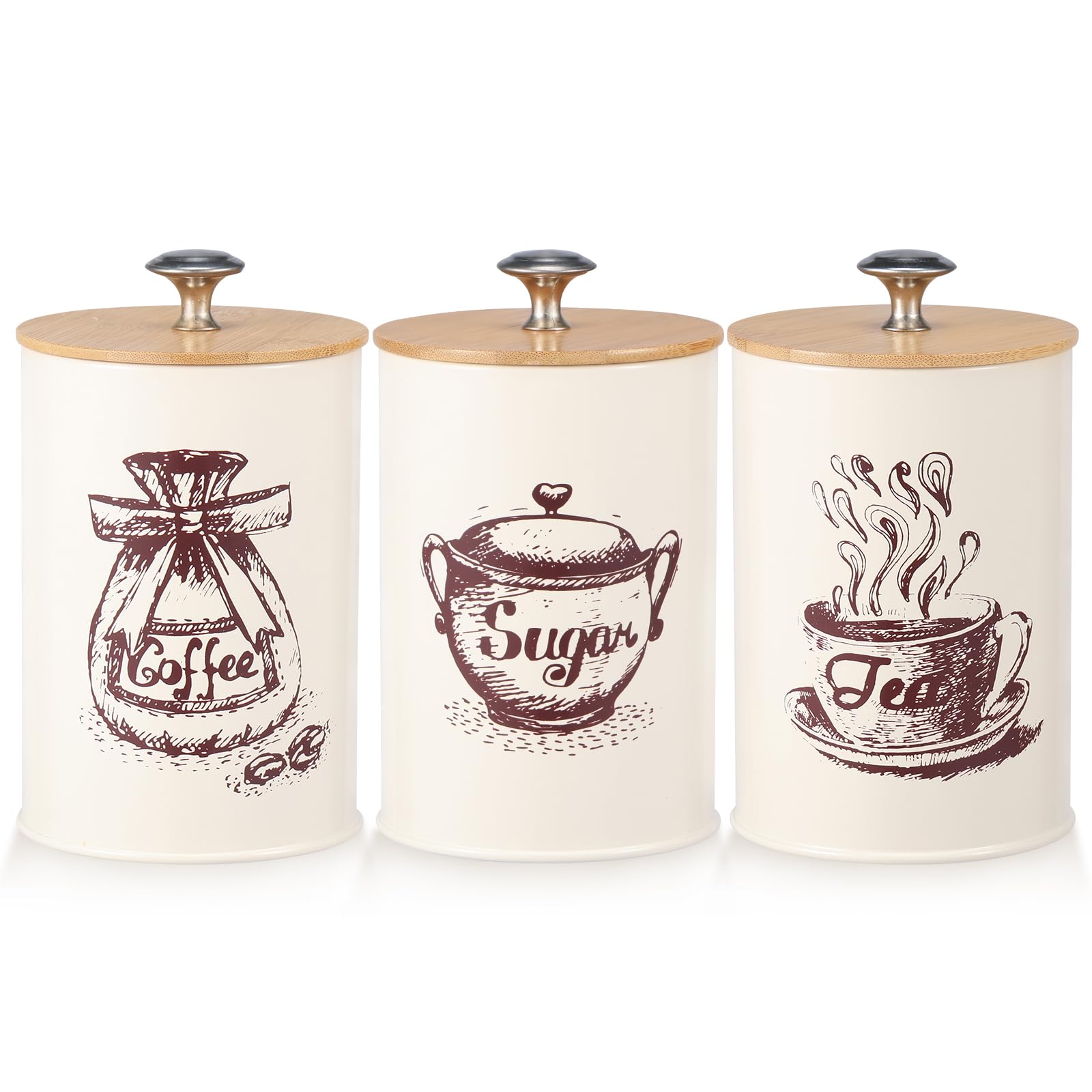 Bobash 3Pcs Coffee And Sugar Container Set, Metal Coffee Sugar Tea Container With Airtight Lid Vintage Canisters Set Decorative Kitchen Storage Jar Containers For Tea Coffee Sugar