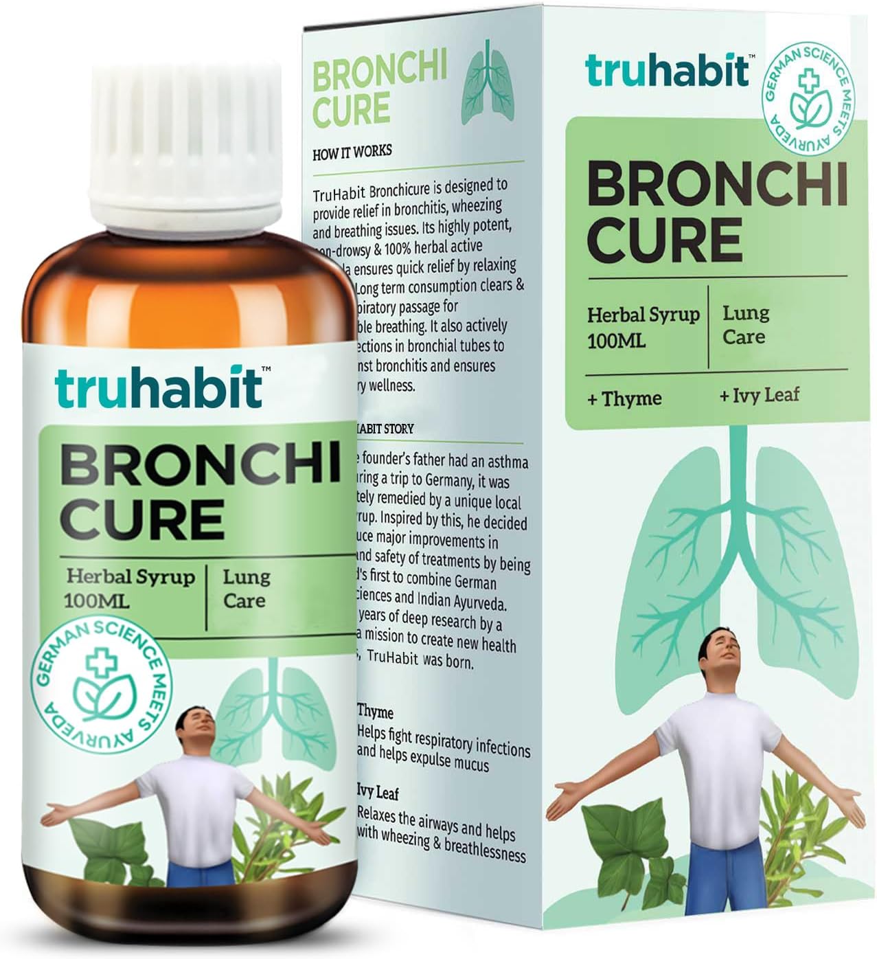 TruHabit Bronchicure Herbal Syrup – 100 ML | Supports Easy Breathing & Respiratory Wellness | Non-Drowsy Formula with Thyme & Ivy Leaf | Ayurvedic & German Science Blend | 100ml