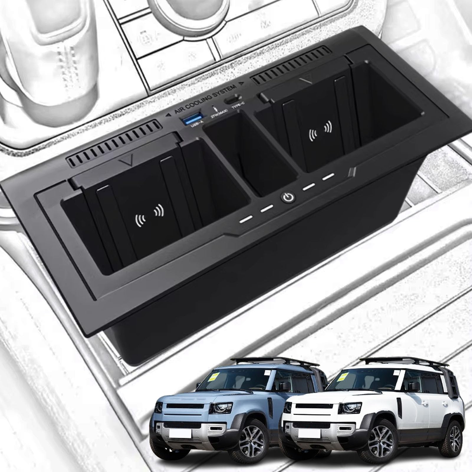 Ładowarka Samochodowa Bezprzewodowa do Land Rover Defender 2020-2025 Wszystkie Modele, Podwójna Płytka Szybkiego ładowania 15W Konsolą środkową Pudełko na Akcesoria do i-Phone Sam-sung