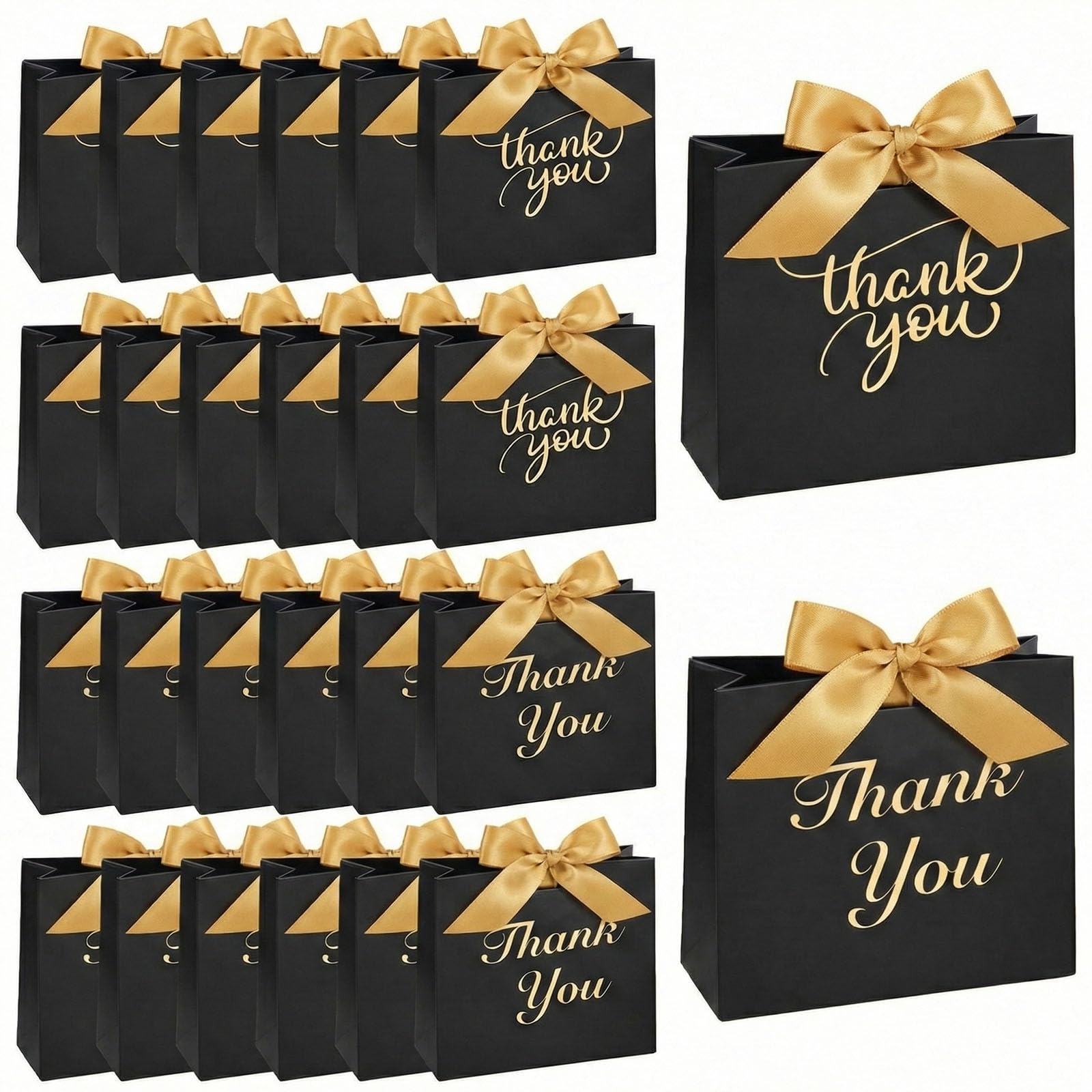 VGOODALL 24PCS Thank You Gift Bags, 4.5x3.9x1.7Inches Mini Party Favor Bags Black Treat Boxes with Bow Ribbon for Wedding Bridal Baby Shower Birthday