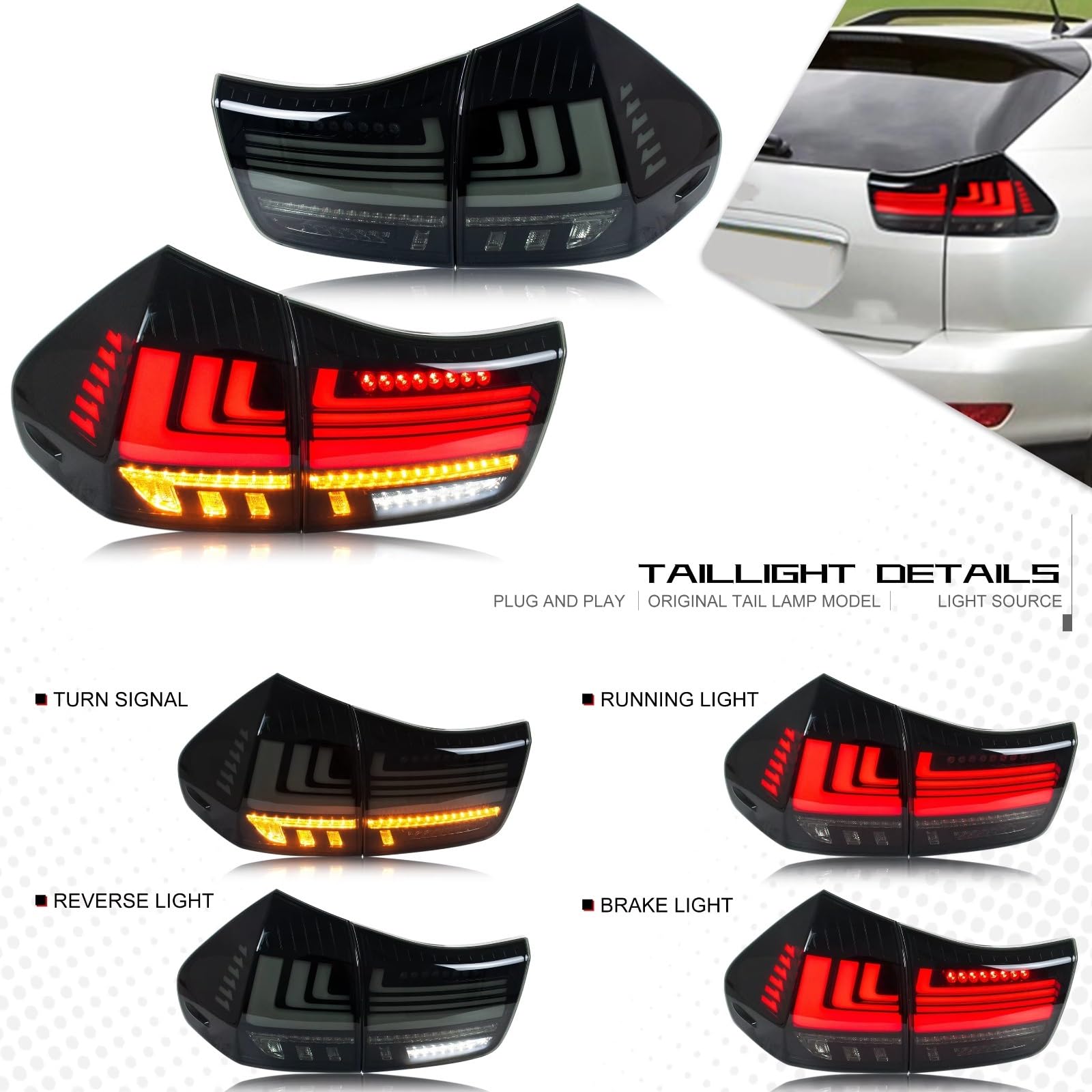 Compatible Con Lexus Para RX350 Para RX330 Para RX400h 2004-2009 Conjunto Lámparas Traseras Señal Giro Dinámica De Animación De Arranque De Coche luces advertencia traseras
