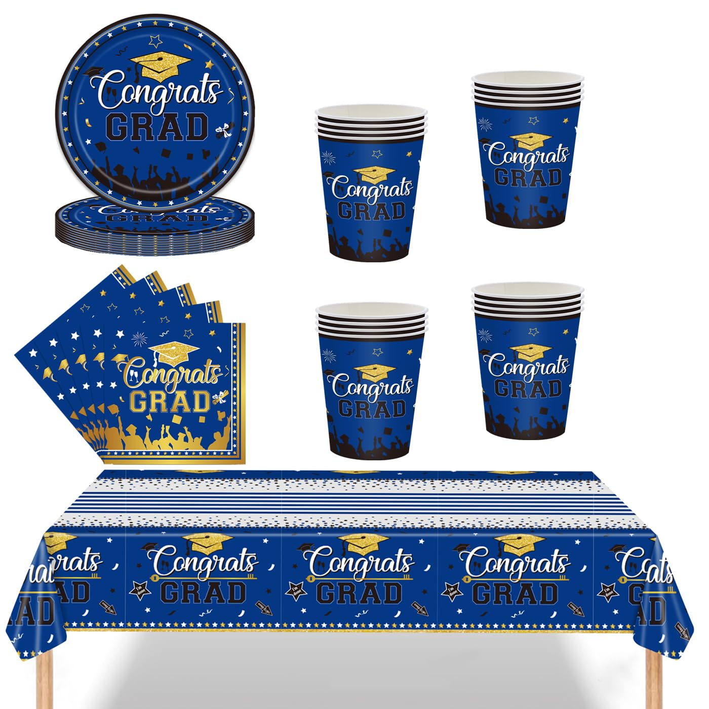 53Pcs Blue Graduation Tableware Kit for 16 Guest,2025 Graduate Paper Tableware 16 Plates,16 Paper Cups 20 Napkin and Tablecloth in Blue,Graduation Dinnerware Set for Grad Party Decor Supplies