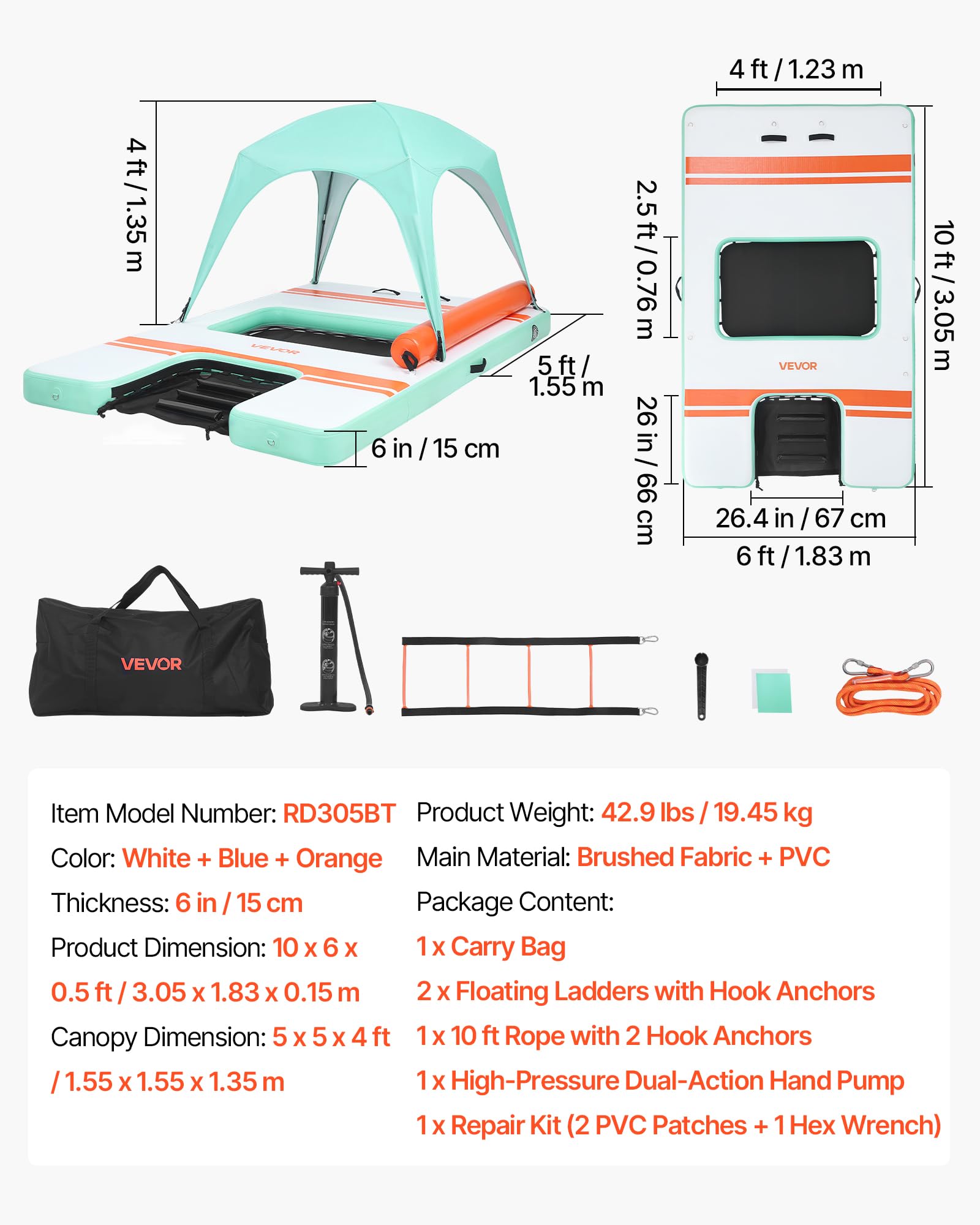 VEVOR Pontile Galleggiante Gonfiabile con Tenda Parasole 3,05 x 1,83 m da Mare Piscina, Piattaforma Galleggiante con Superficie Antiscivolo, Rampa per Cani, Isola d'Acqua per Piscina Spiaggia Mare