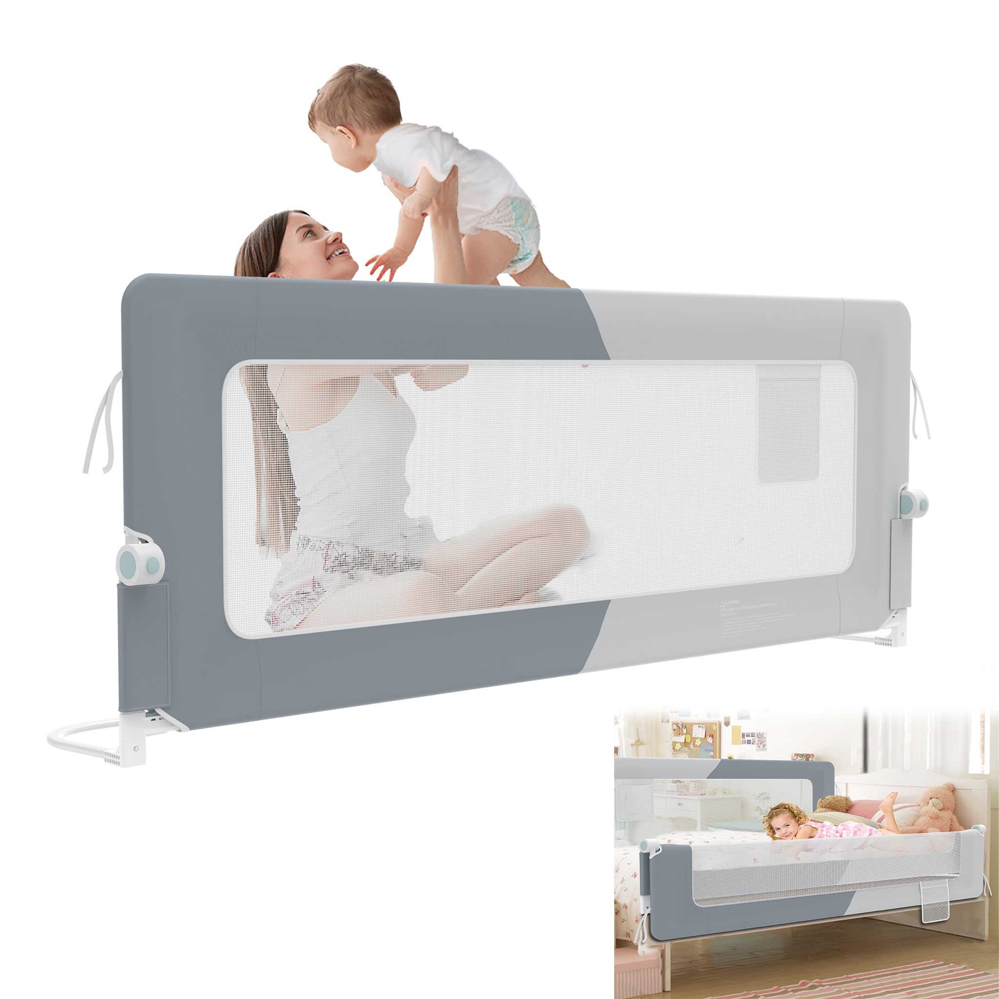 YRHome 200cm Bettgitter Rausfallschutz klappbar 180 Grad drehbar Bettschutzgitter für Kleinkinder luftiges Netz, Höhenverstellbar Rausfallschutz Bett für Kinderbett, Elternbett (Dunkelgrau+Hellgrau)