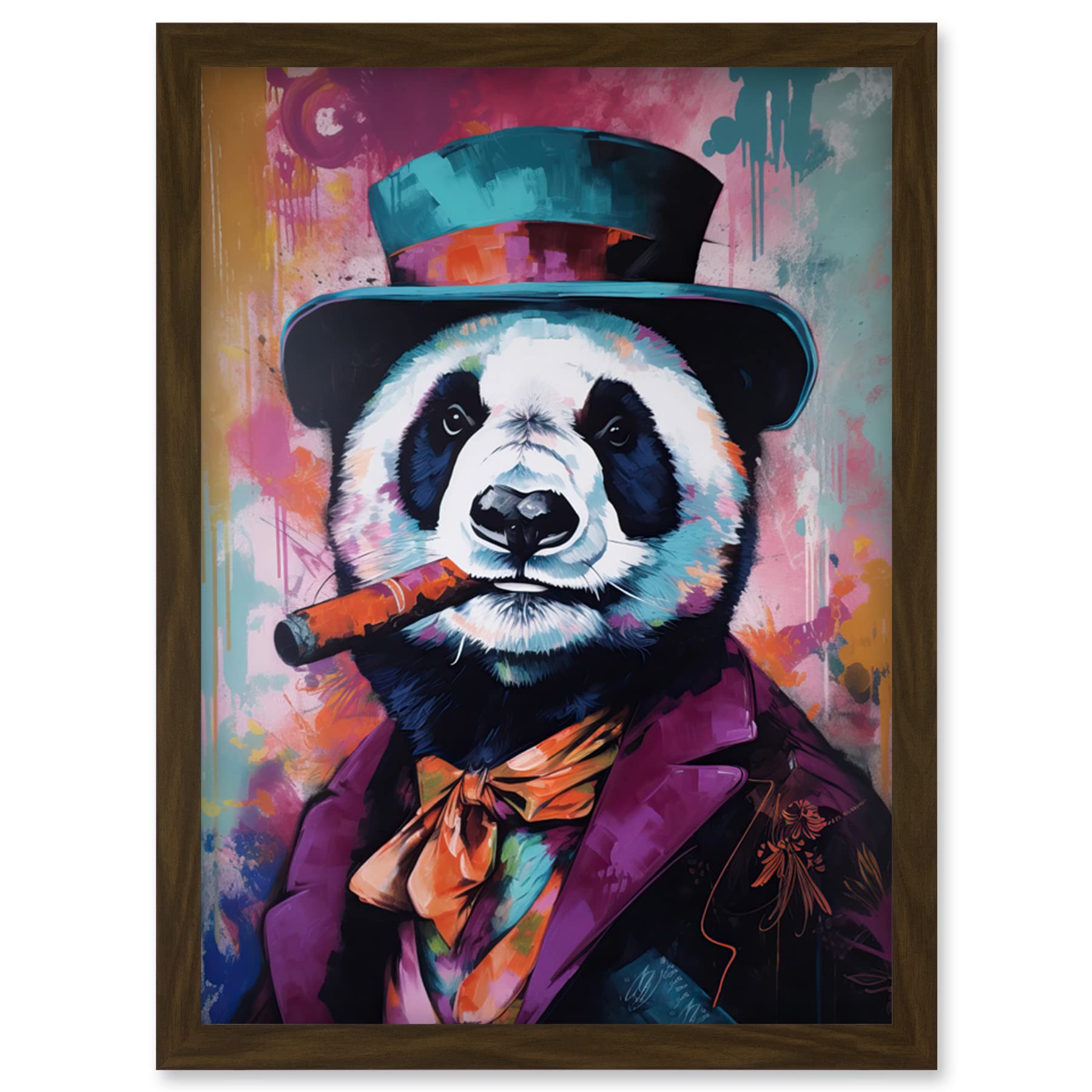 Artery8 Panda Portrait with Purple Suit Top Hat and Cigar Artwork Framed Wall Art Print A4
