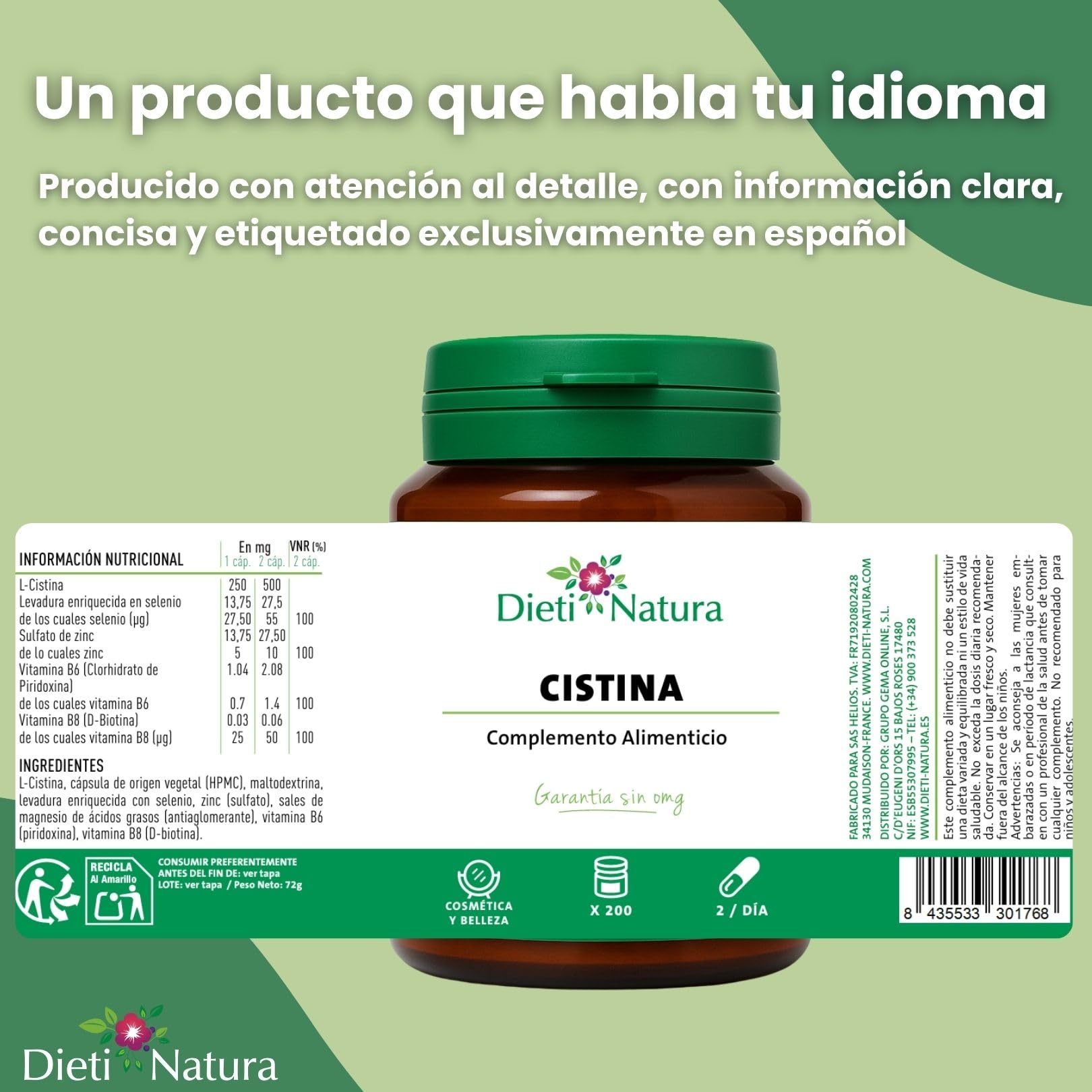 Dieti Natura 200 Cápsulas de Cistina para el Cabello con Vitamina B6 - Vitaminas para el Cabello Mujer y Hombre - Previene la Caída del Cabello - Hair Vitamins (600 Cápsula)
