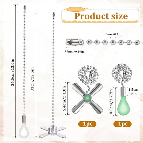 2 Pcs Ceiling Fan Pull Chain 12.5'' Lighting & Fan Chain Extender Glow in The Dark Beaded Light Pulls Extension Chains Decorative Light Bulb and Cord Fan Pull Chains with Connector