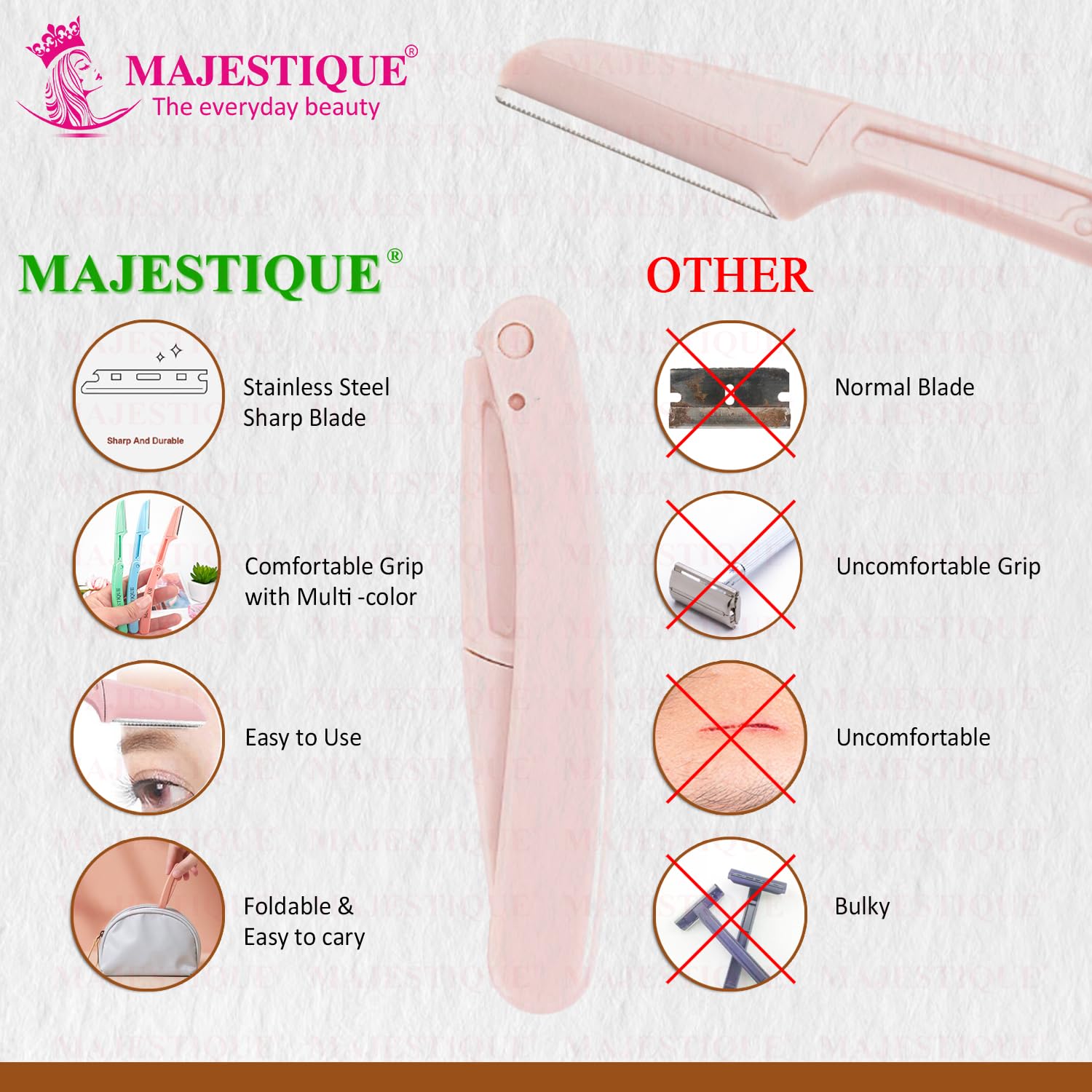Majestique Foldable & Reusable Facial Hair Razor for Women - 5 Pcs Razor for Face, Eyebrows, Upper Lip, Forehead, Peach Fuzz, Chin and Sideburns, Instant & Painless Hair Removal - Multicolor 3