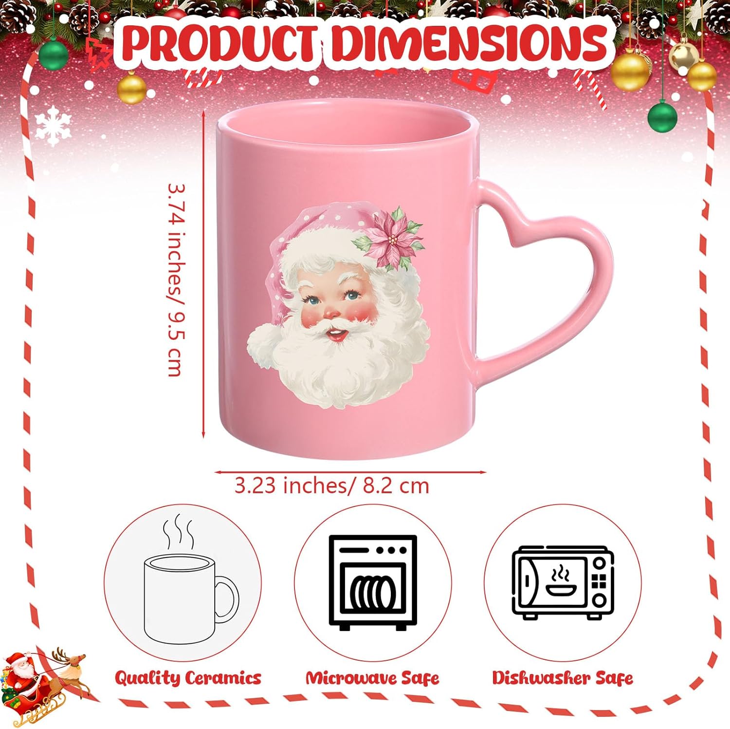 Pickmesh Pink Christmas Mugs Set of 6, 10 Oz Holiday Ceramic Coffee Cups Pastel Christmas Decor Coffee Cups Holiday Xmas Drinkware Housewarming Gifts for Xmas Tea Cocoa Hot Drinks