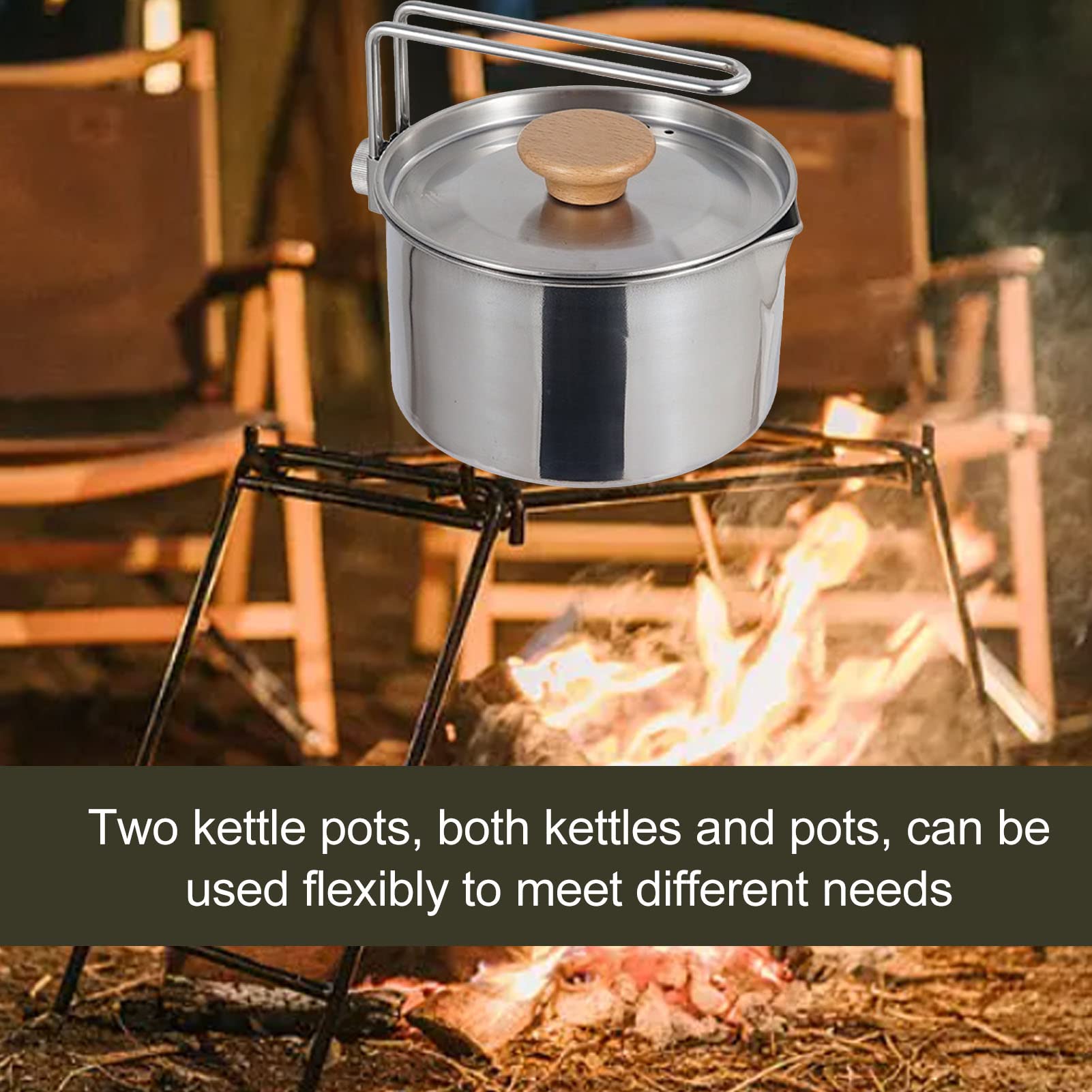 Camping Kettle for Boiling Water,304 Stainless Steel Camping Pot with Lid and Removable Foldable Handle,Travel Tea Kettle for Outdoor Hiking Cooking Backpacking