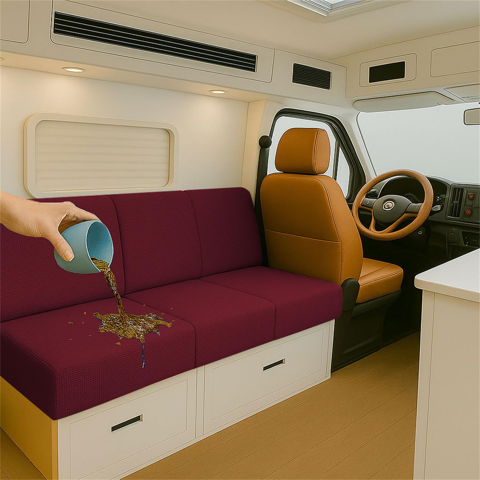 Stretch RV Cushion Seat Covers Waterproof for Caravan Bench Dinette, Jacquard Sofa Seat Protector with 2 Elastic Straps Multi Size Fitted Slipcover for Camper Indoor (Wine Red,L65-95cm W 40-65cm)