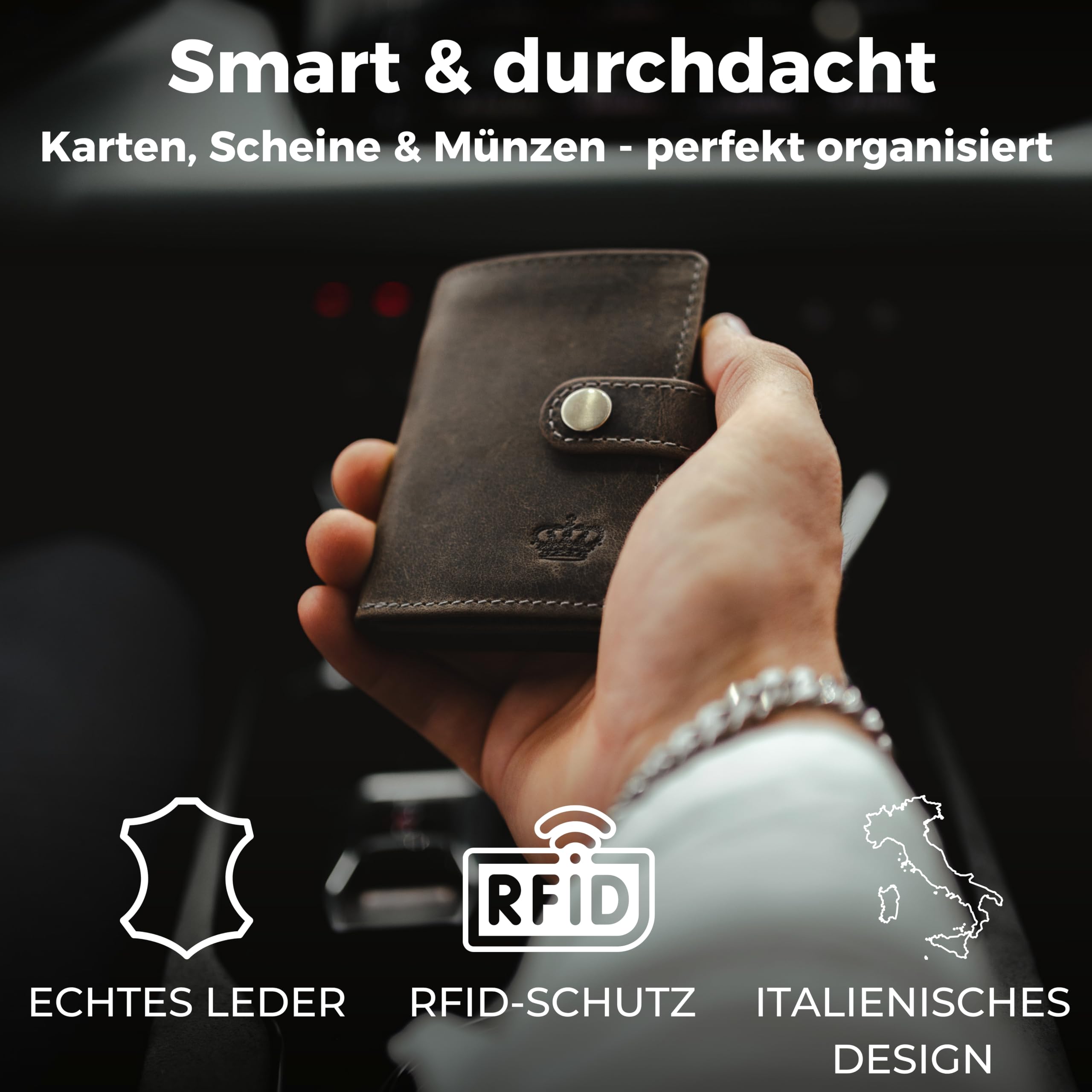 Baur Slim Wallet aus echtem Leder – Kreditkartenetui mit Aluminium Pop-Up Case & RFID-Schutz – Kleine Geldbörse für Herren mit Münzfach – Smart Wallet (Münzfach mit Reißverschluss, Büffelleder Grau)