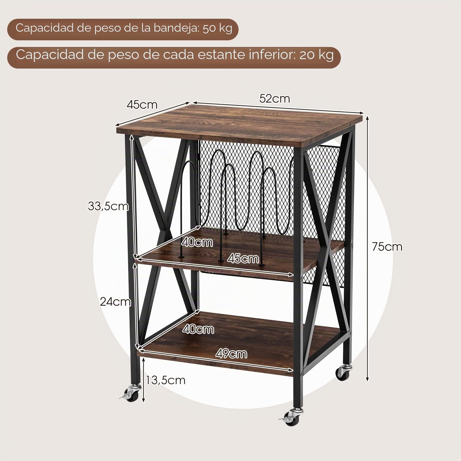 GOPLUS - Mueble de vinilo de 3 niveles con estación de carga, ruedas cerradas, marco de metal, mesa auxiliar para 250 vinilos para sala de estar, oficina, 52 x 45 x 75 cm (marrón rústico)