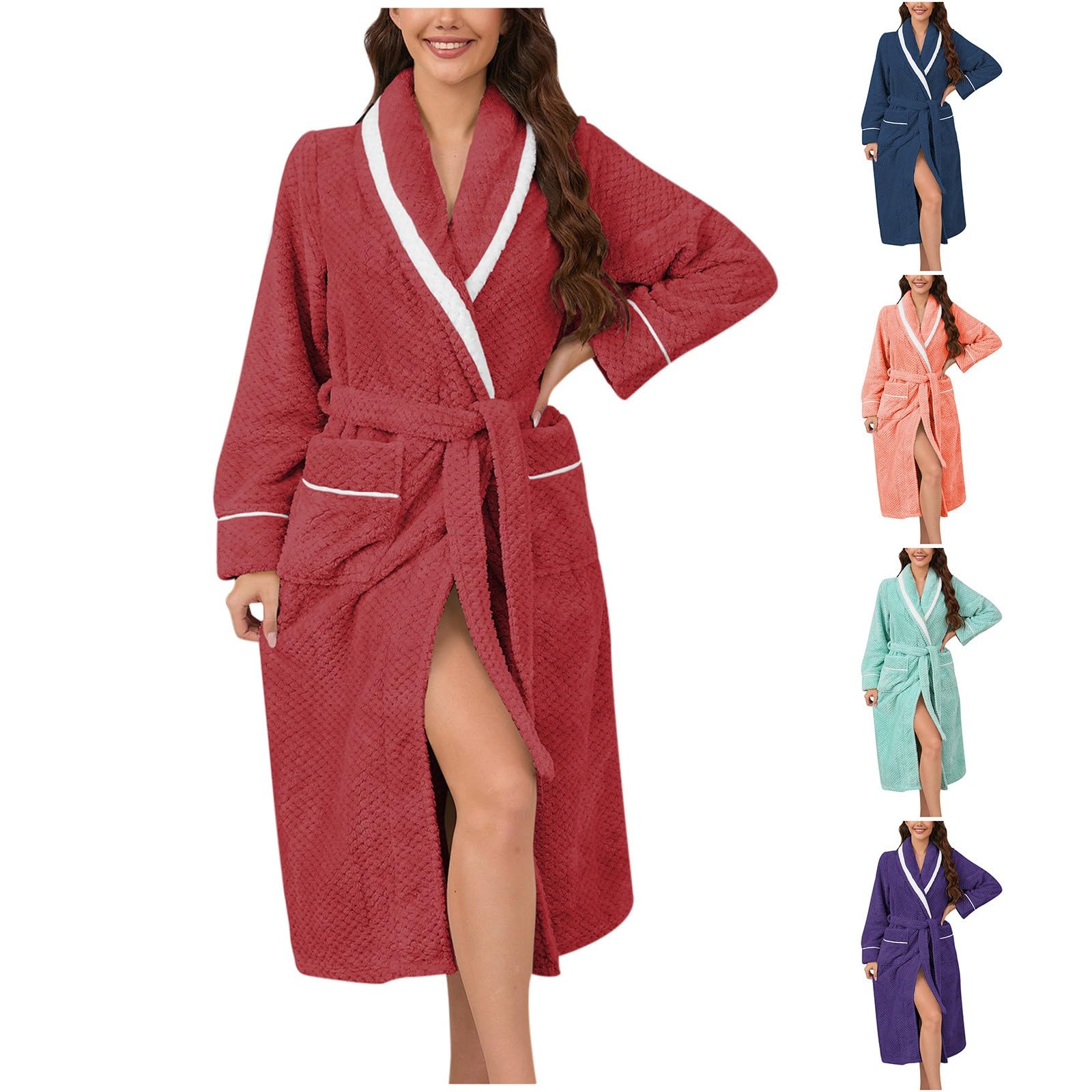 Generisch Peignoir de bain pour femme en tissu éponge moelleux en polaire douce et chaude en coton éponge torsadé poches côtelées longueur genou col en V spa plage mariage fête dormir