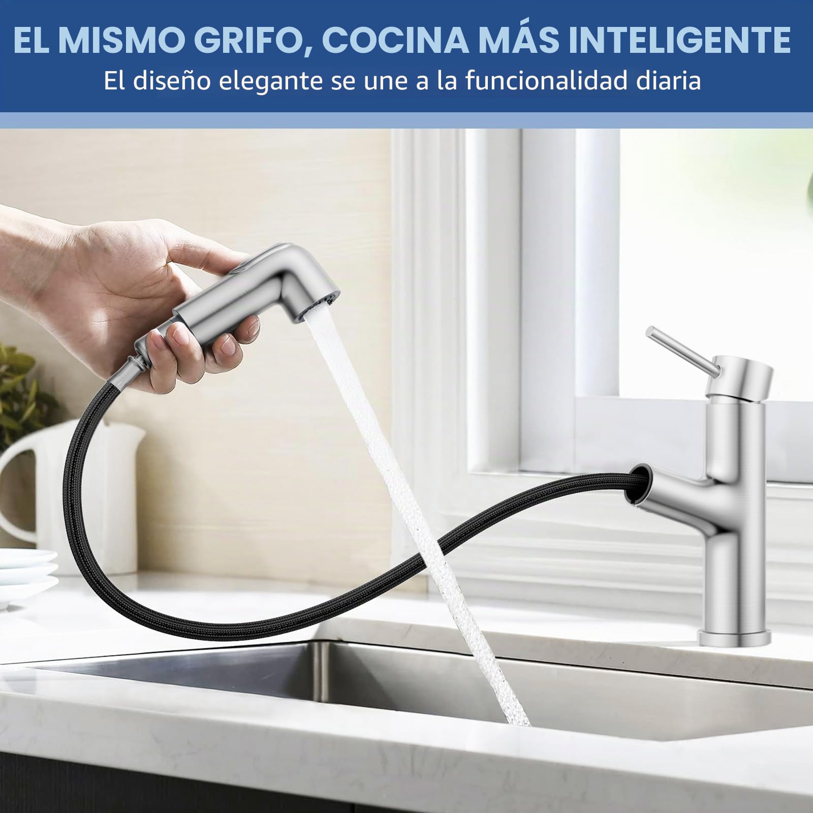 HURRAN Grifo de Baño con Cabezal Extraíble, Monomando para Lavabo con 2 Modos, Grifo para Fregadero de Uso General, Acero Inoxidable, Niquelado Cepillado