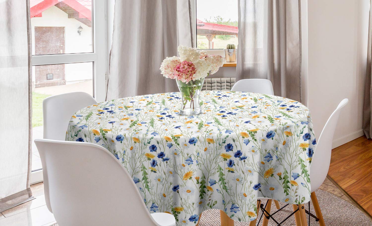 ABAKUHAUS Flor Mantel Redondo, Amapolas Margaritas Rural, con Estampa Digital Lavable No Destiñe Durable y Resistente, 150 cm, Pálido Verde Azul Amarillo