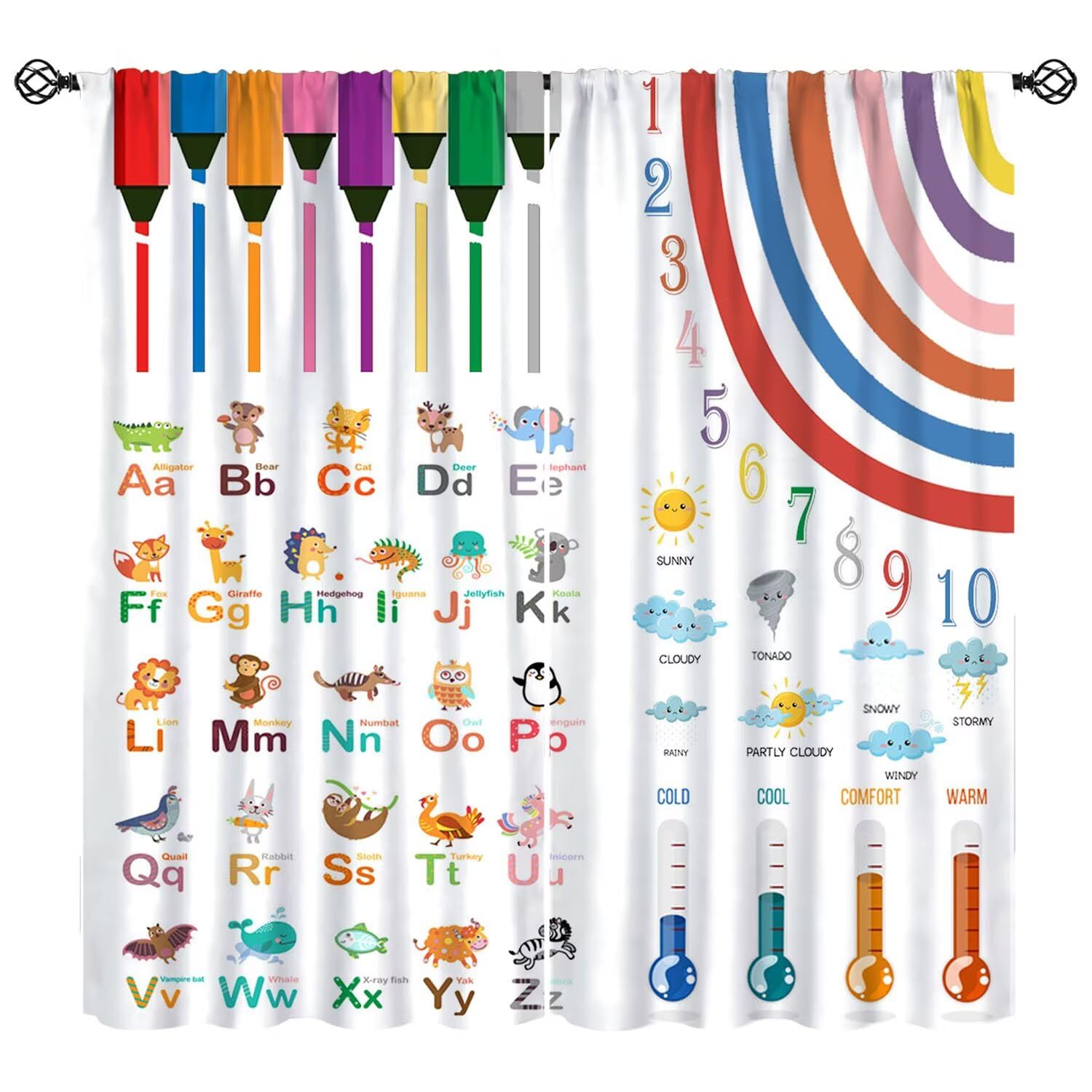 Alphabets ABC Curtains for Kids, Educational Learning Alphabet Blackout Window Treatments Rainbow Crayons Animals Numbers Drapes Print for Boys Girls Nursery Bedroom Study Room Classroom W55xL63in