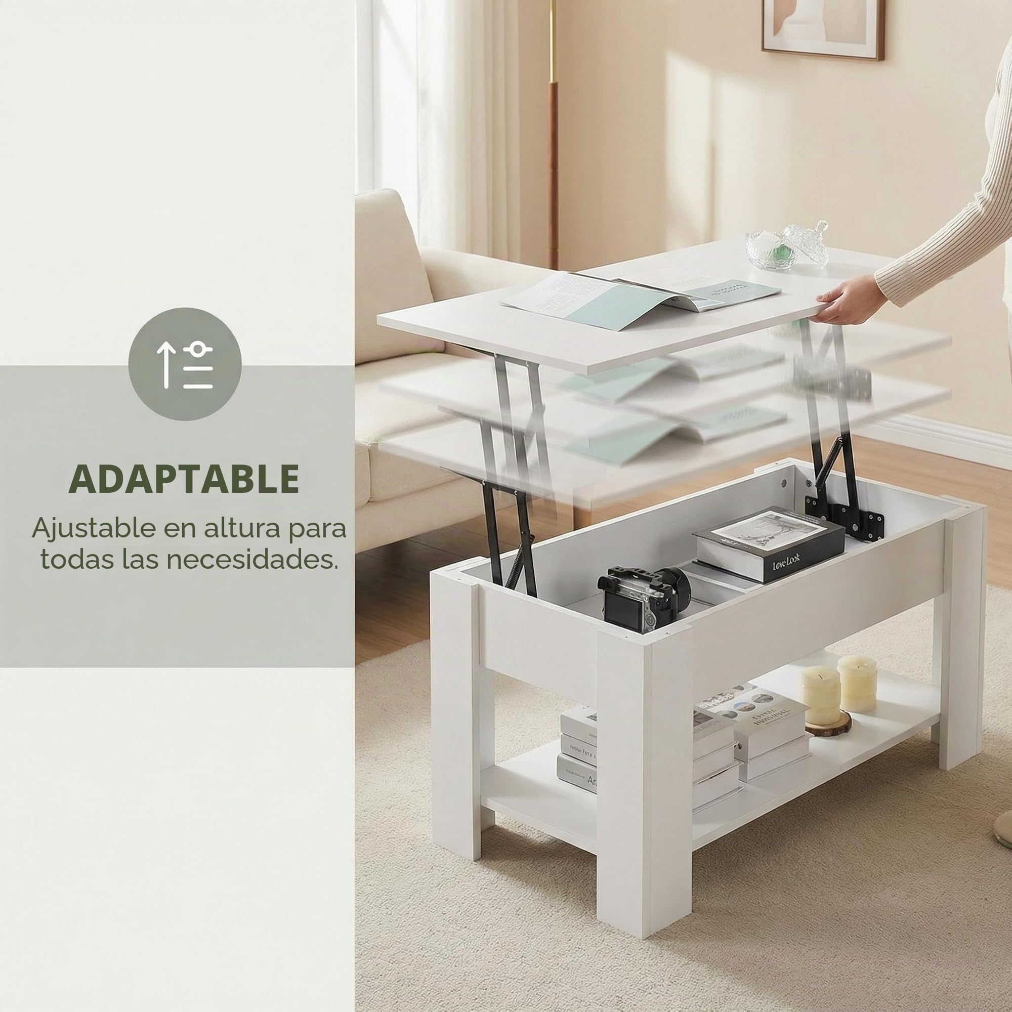 Mesa de Centro Elevable y Extensible, Mesa de Salón o Comedor Mesita Cafe con Almacenaje y Estante Almacenamiento Oculto Modernos Blanco 98x50x(42-56) cm