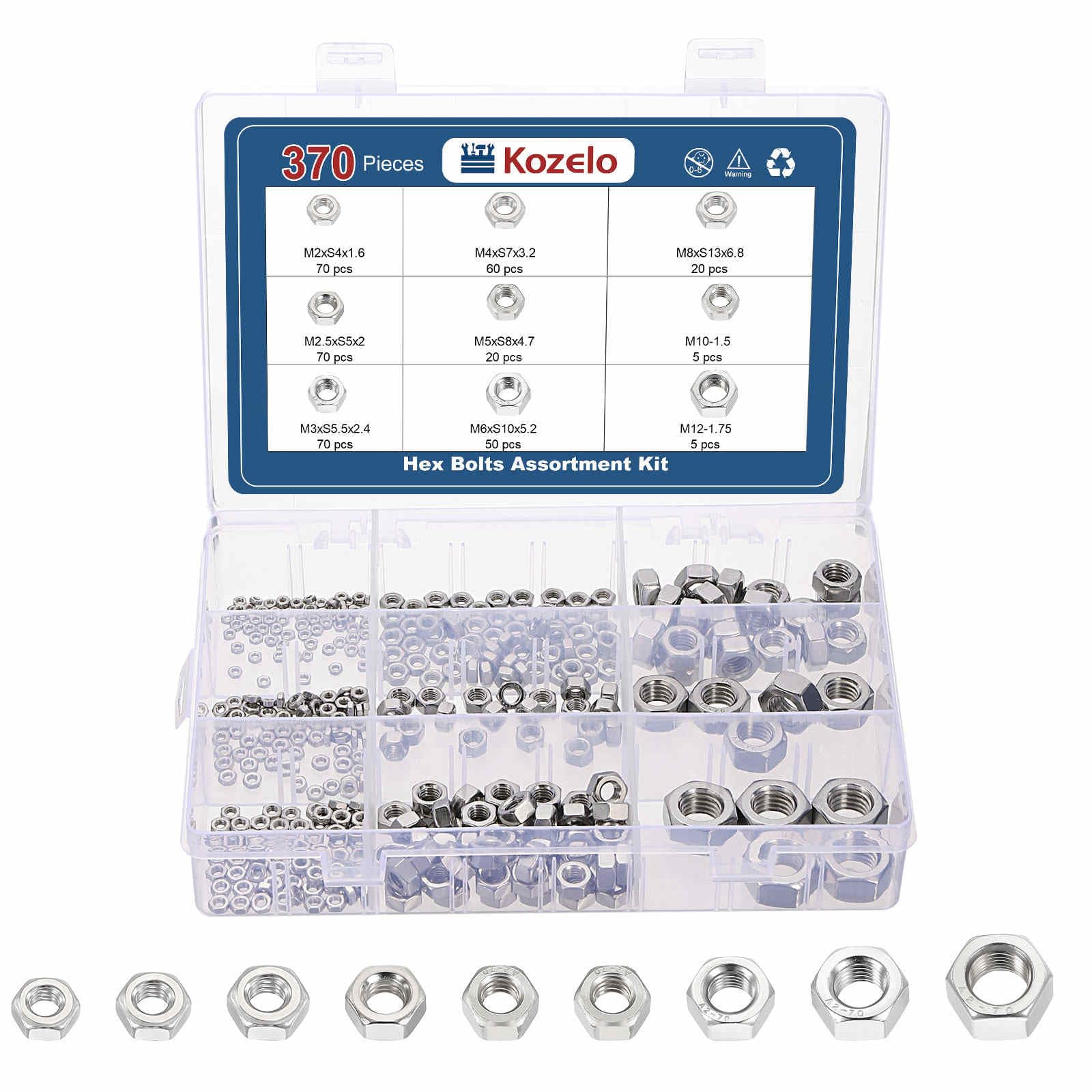 Kozelo 370pcs Hex Nuts Assortment Kit - [M2 M2.5 M3 M4 M5 M6 M8 M10 M12] 304 Stainless Steel 18-8 (A2-70) Hardware Nuts Set for Mechanical Repair & Assembly, Silver