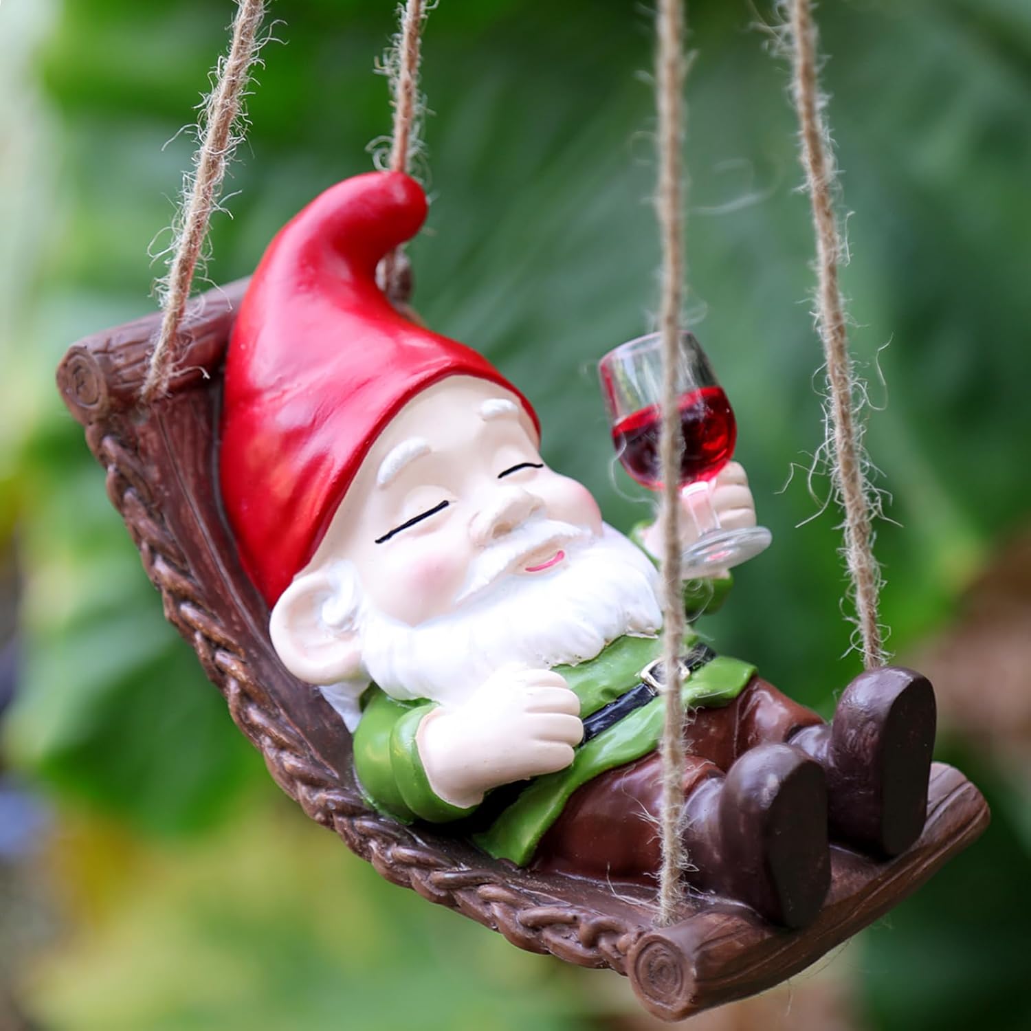 Gnome Garden Statues Decor for Outdoor, Resin Swing Gnome Statue with Red Wine in Hand, Hanging Garden Figurine Ornament for Home Yard Patio Decoration, Birthday Valentine's Day