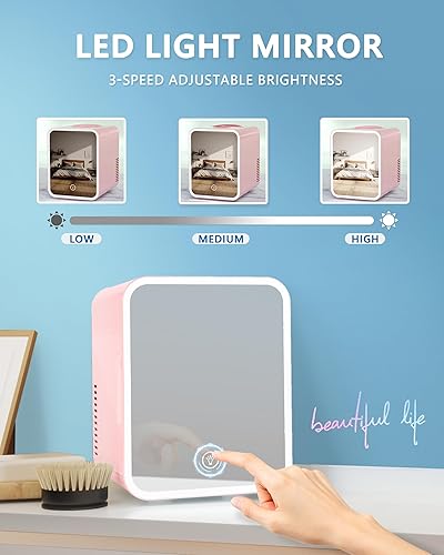 Miniatura 5 de EUHOMY Mini nevera, refrigerador pequeño de 5 litros ACDC con espejo LED regulable, enfriador portátil y calentador para el cuidado de la piel,