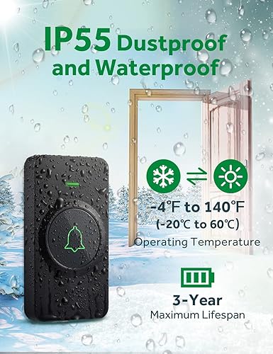 Miniatura 3 de AVANTEK Timbre de puerta inalámbrico, mini timbre inalámbrico impermeable CB-21 que funciona a más de 1000 pies, 2 botones remotos pueden tener