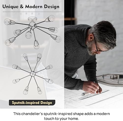 Miniatura 8 de Candelabro Sputnik moderno  8 luces de techo de granja negro y dorado, lámpara de techo semiempotrada para sala de estar, dormitorio, pasillo,