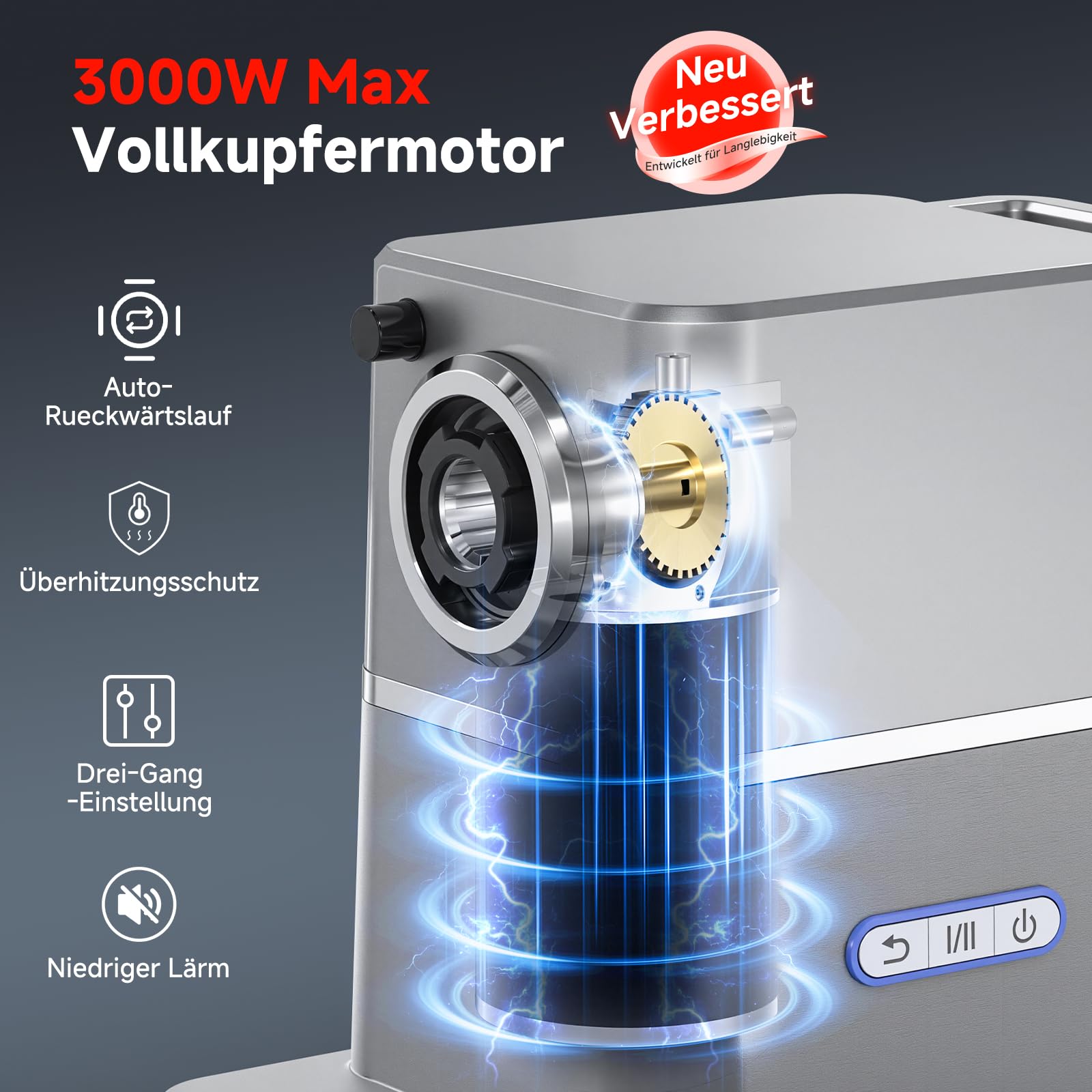AAOBOSI Leiser Fleischwolf Elektrisch, 3000W Max Mit DC-Motor, Nur 60 dB, Auto-Rücklauf & Verstaubarem Stopfer-3 Geschwindigkeitsstufen, Zum Wolfen, Wurst-Und Kibbe-Herstellen, Für Den Hausgebrauch