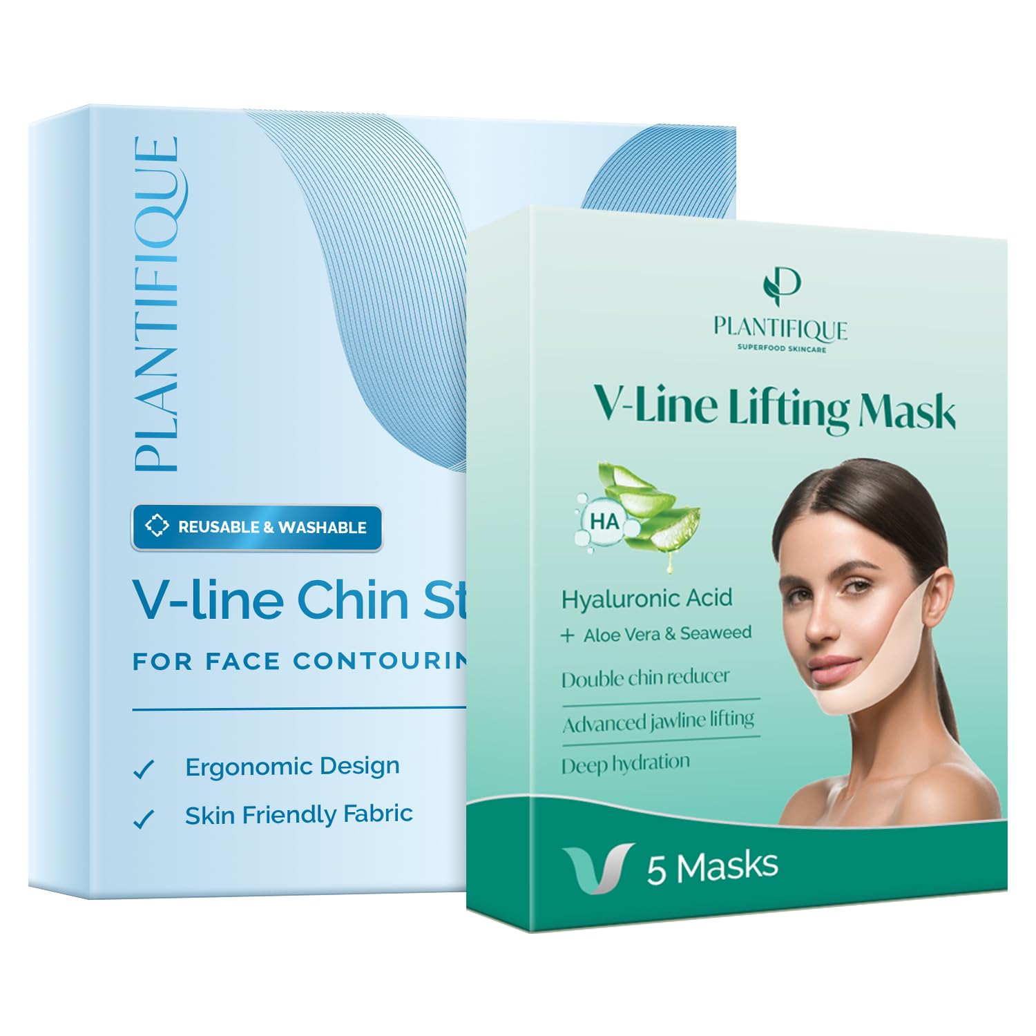 PLANTIFIQUE V-Line Collagen Mask for face 5 PCS and Chin Strap for Face Contouring