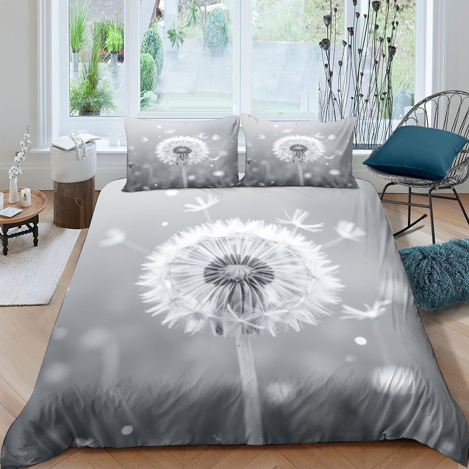 TUFRTGYHN 3D Printed Dandelion Dream Duvet Cover Microfiber Grey Floral Breeze Bedding Set with 2 Pillowcases for Bedroom Decor Single（135x200cm）