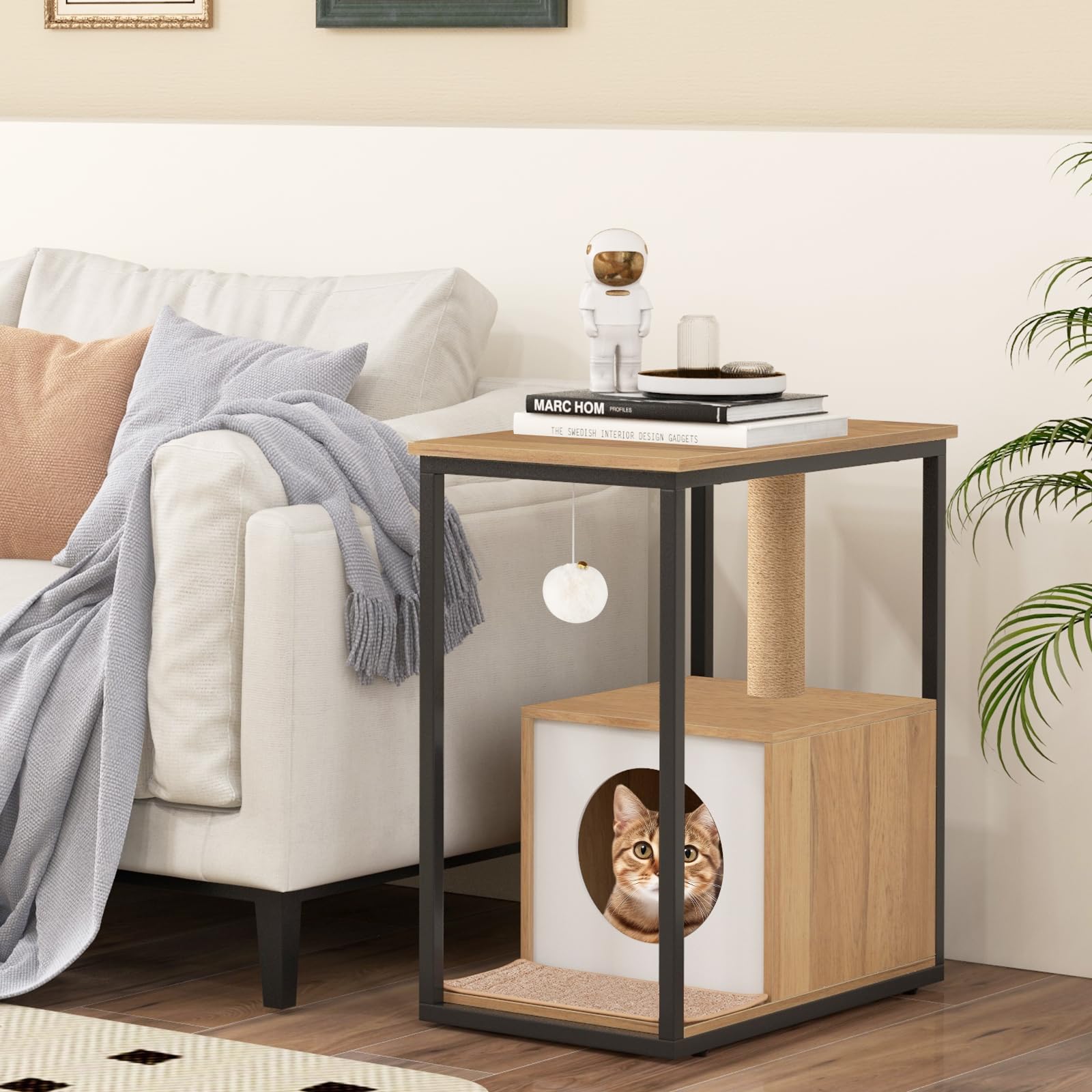 PETSITE Cat Tree and End Table, Cat End Table with Scratching Post, Cat Condo, Dangling Ball, Detachable Plush Mat & Anti-Tipping Kits, Cat Furniture Nightstand (Natural)
