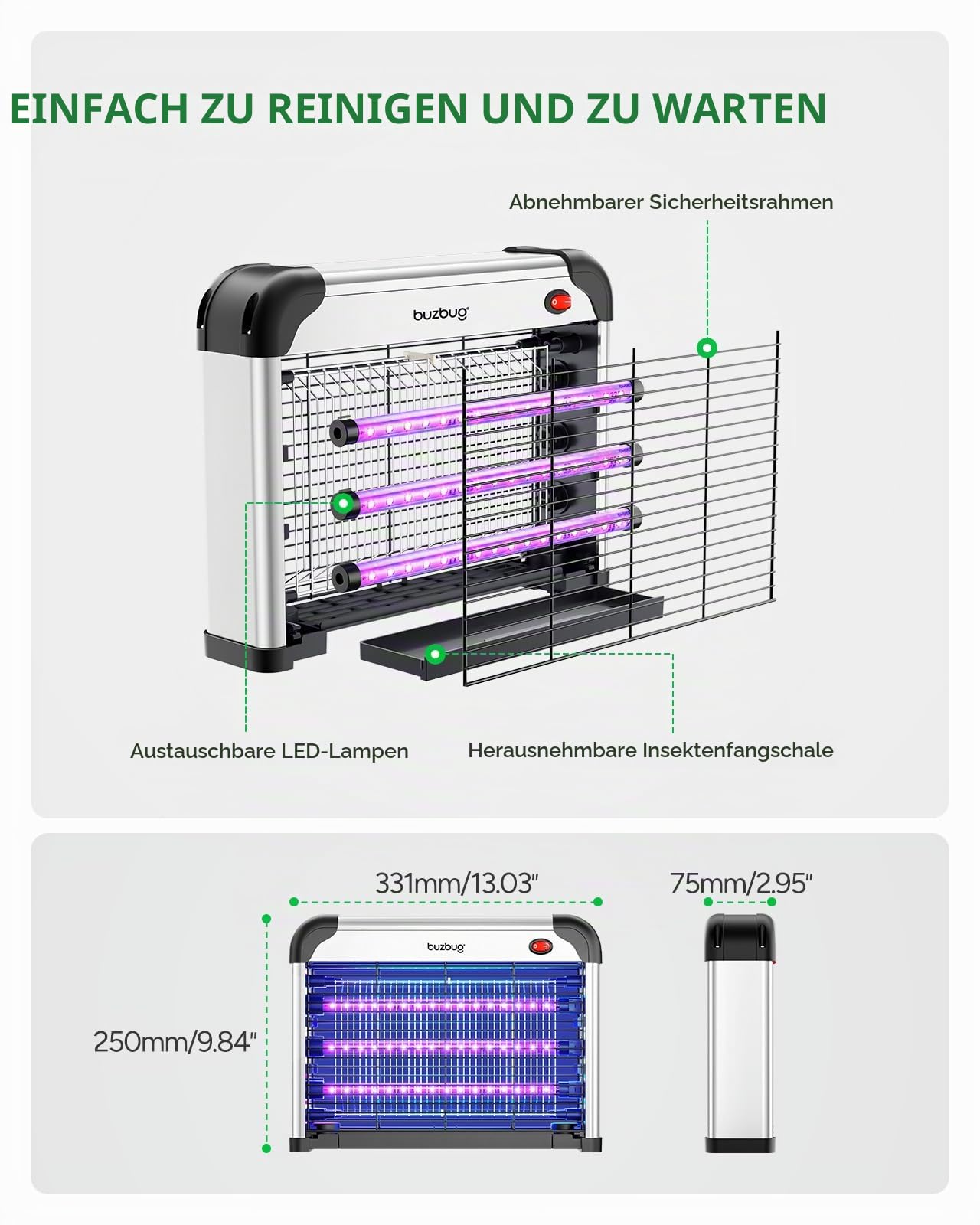 Buzbug LED Bug Zapper Innen, 3 Effiziente 50000H LED Birnen, Energiesparend & Dual Band Anziehung, Hochspannung Elektrischer Mückenzapper, Fliegenfalle Mückenfalle, Fliegenvernichter Fliegenvernichter