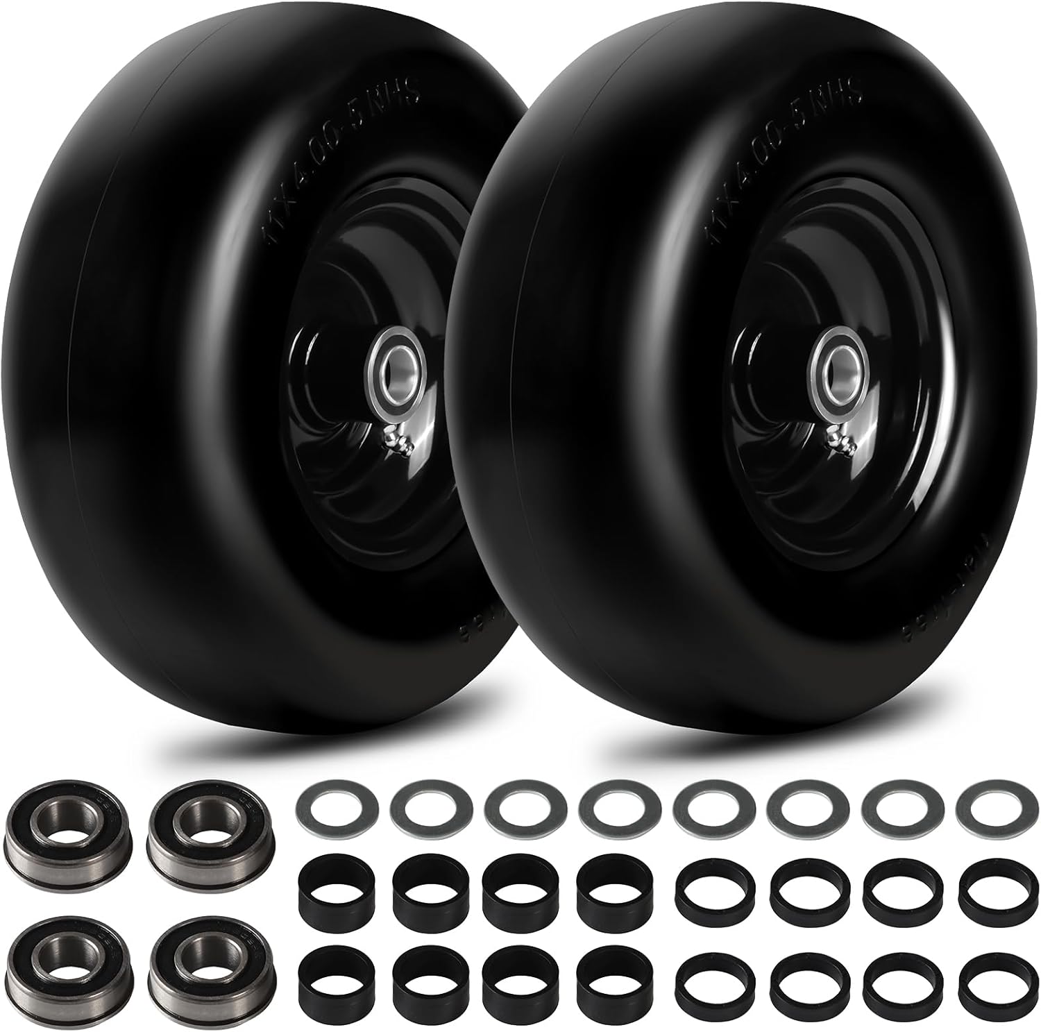 11x4.00-5 Flat Free Lawn Mower Tire and Wheels 2 Pcs Smooth Tread Puncture-proof Tire for Ride mowers, with 3/4" & 4 Pcs 5/8" Bearing and 24 Spacers for Zero Turn Mowers 、Garden Tractors Carts