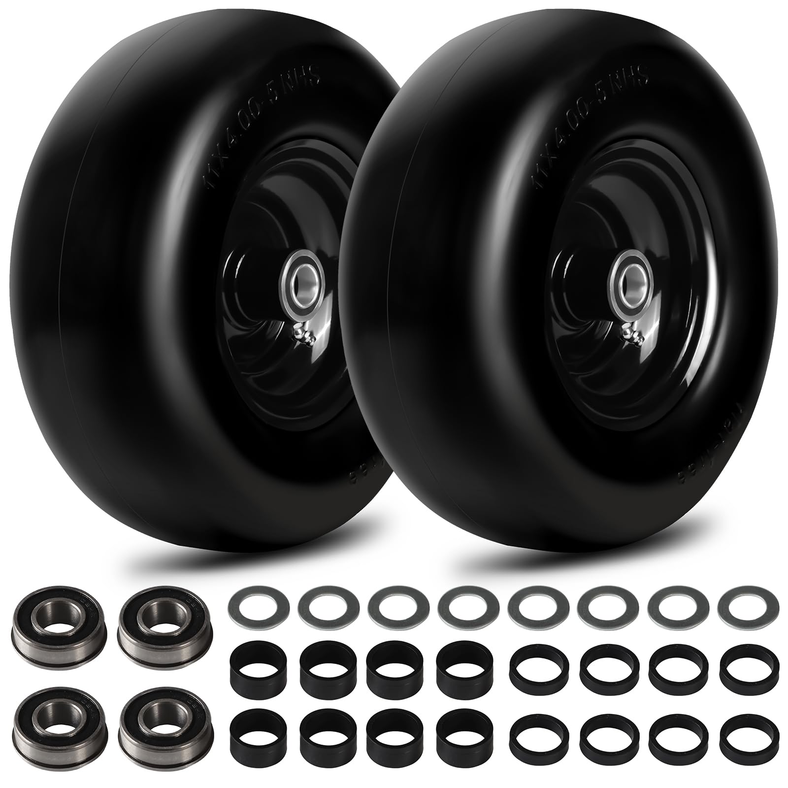 Neumático y ruedas planas para cortacésped de 11 x 4.00-5, 2 piezas de neumáticos suaves a prueba de pinchazos para cortacésped, con rodamientos de 3/4 pulgadas y 4 piezas de 5/8 pulgadas y 24