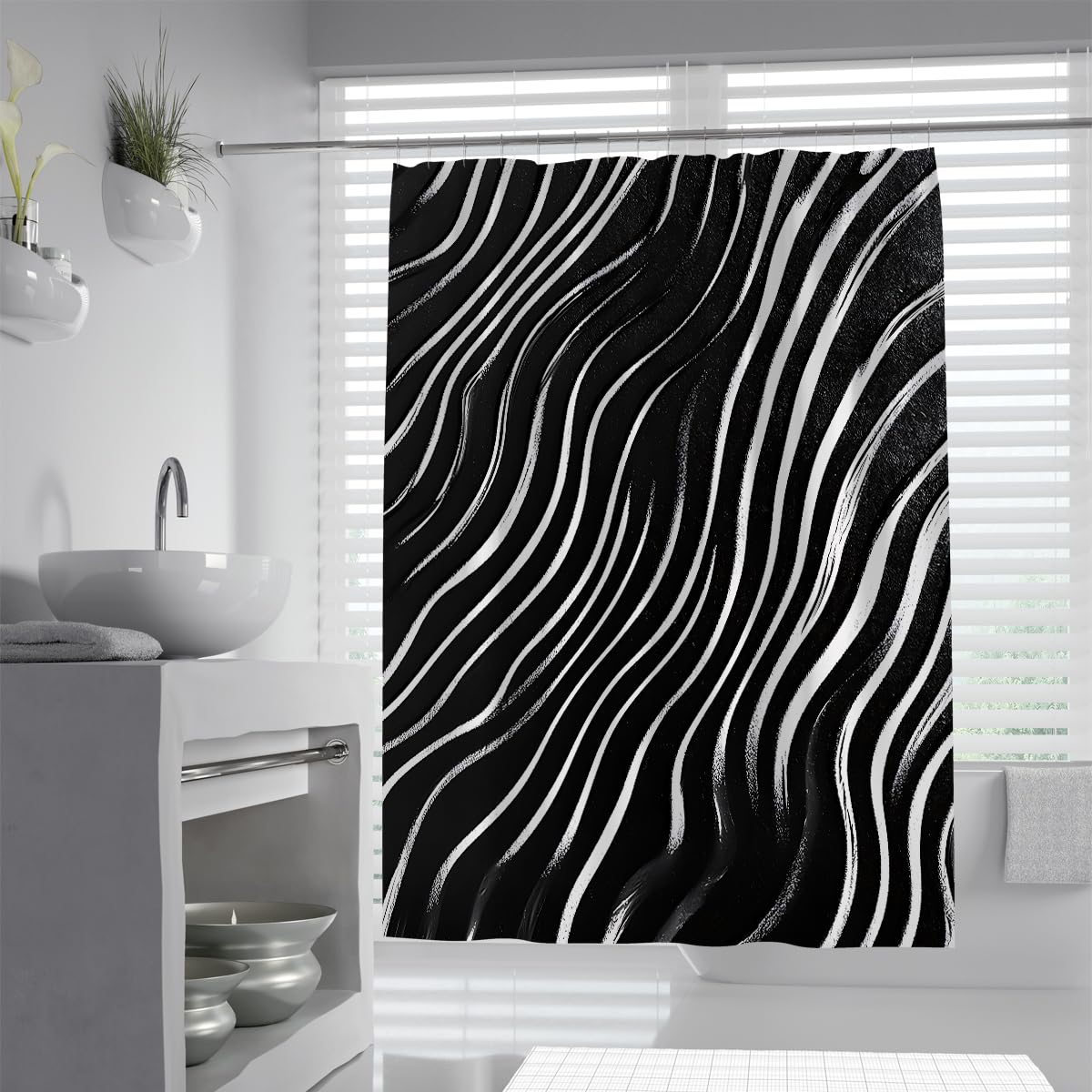 UIRINGART Modern Textured Wavy Lines Shower Curtain W180xL200cm Contemporary Abstract Geometric Zebra Pattern Mildew Resistant Washable Home Hotel Bathroom Screen With Hook
