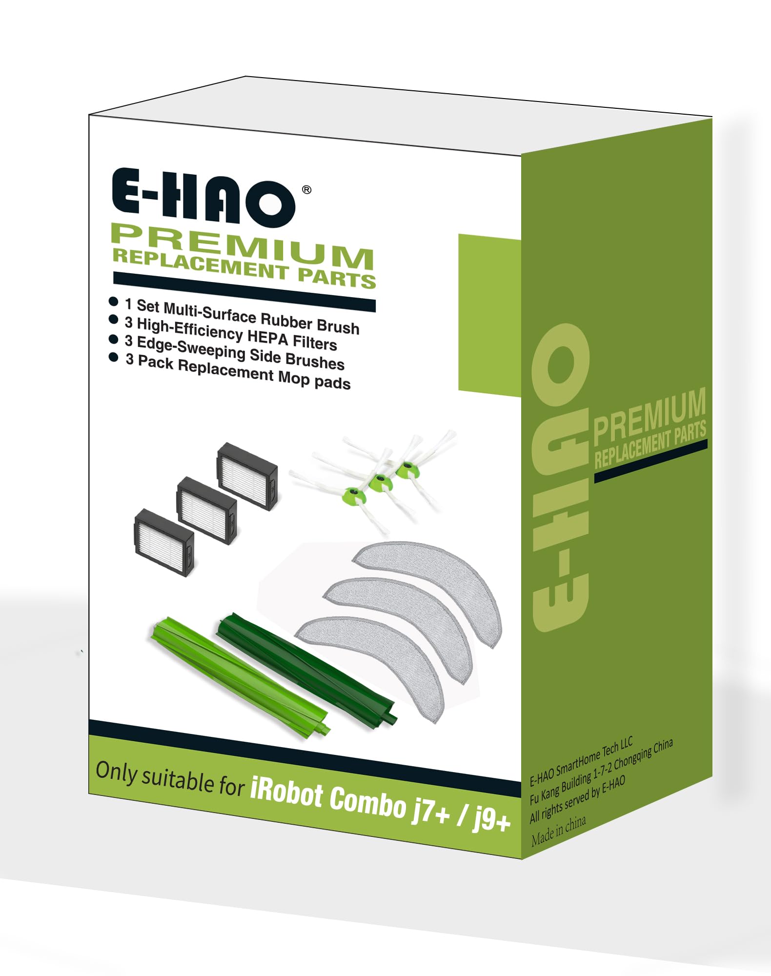 E-HAO IR01M Vacuum Replacement Parts for iRobot Roomba Combo J7 J7+ J9 J9+ Max 10, Green, 2 Brushes 3 Mop Pads 3 HEPA Filters 3 Side Brushes