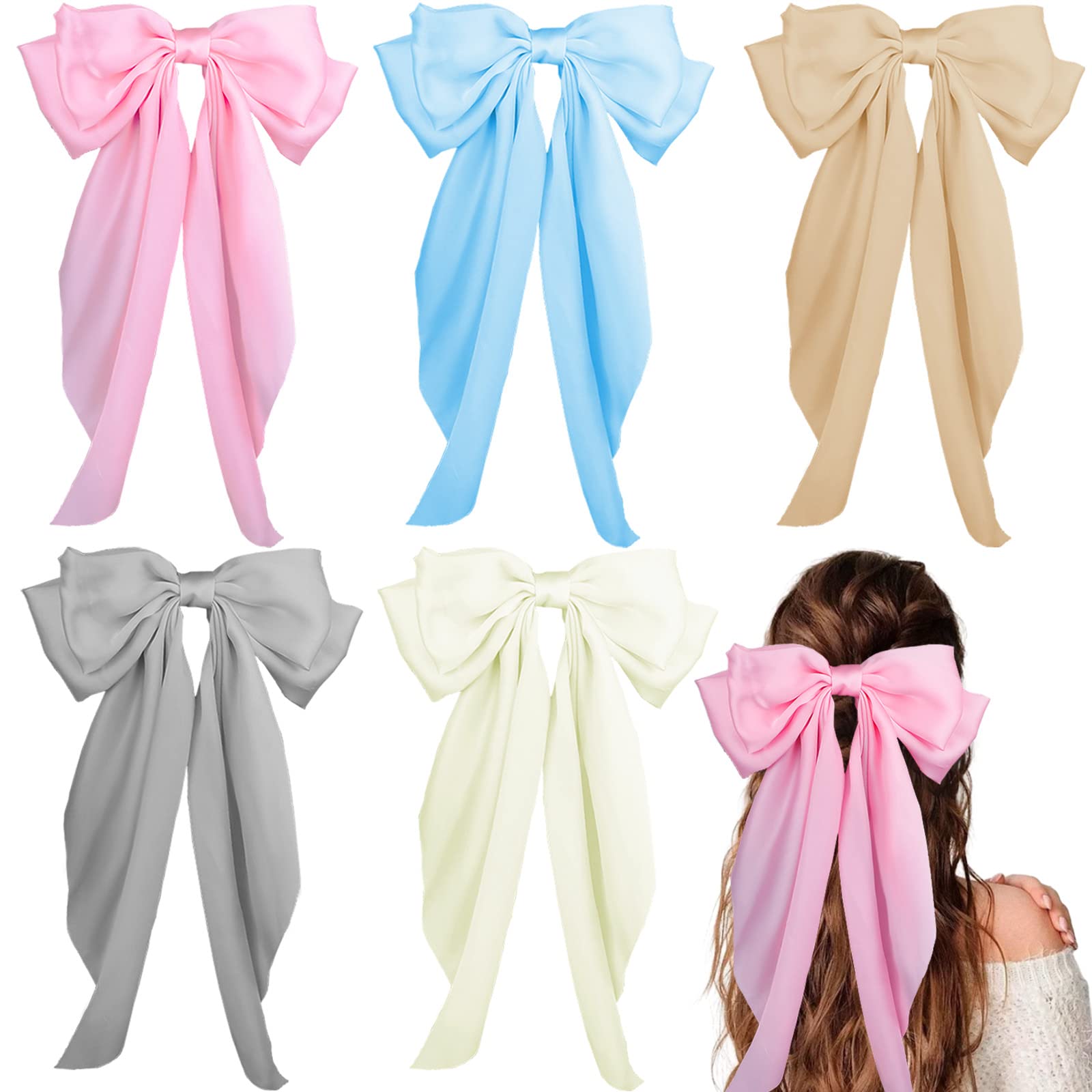 Grandi fiocchi per capelli in raso a strati con fiocco lungo con coda lunga, accessori per capelli in stile francese, per donne e ragazze, 5 colori