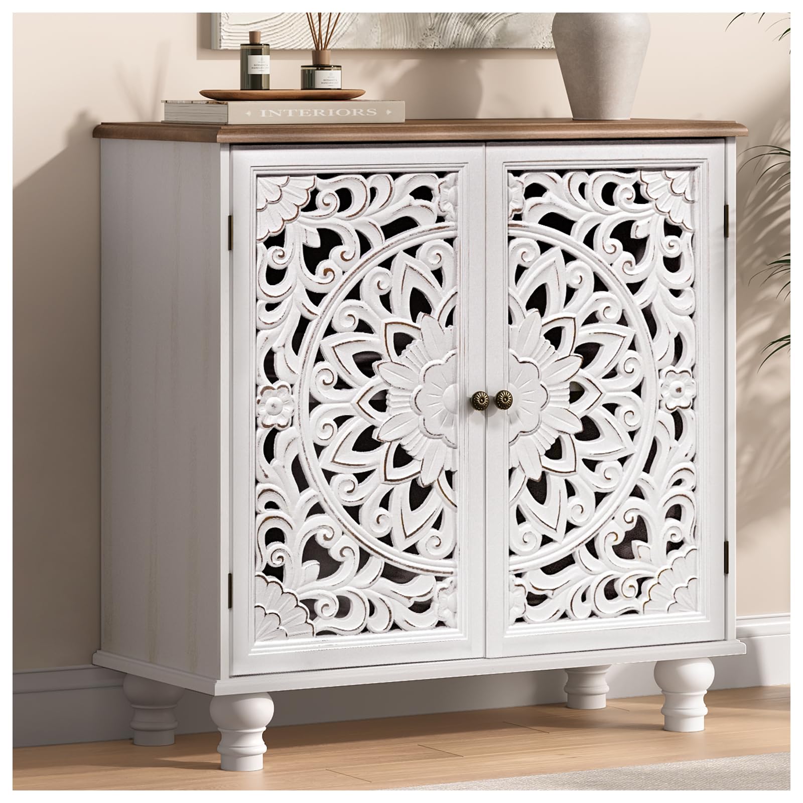 Accent Cabinet with Doors, Decorative Storage Cabinet with Adjustable Shelf, Carved Sideboard Buffet with Solid Wood Legs for Living Room, Entryway, Kitchen, Hallway, White