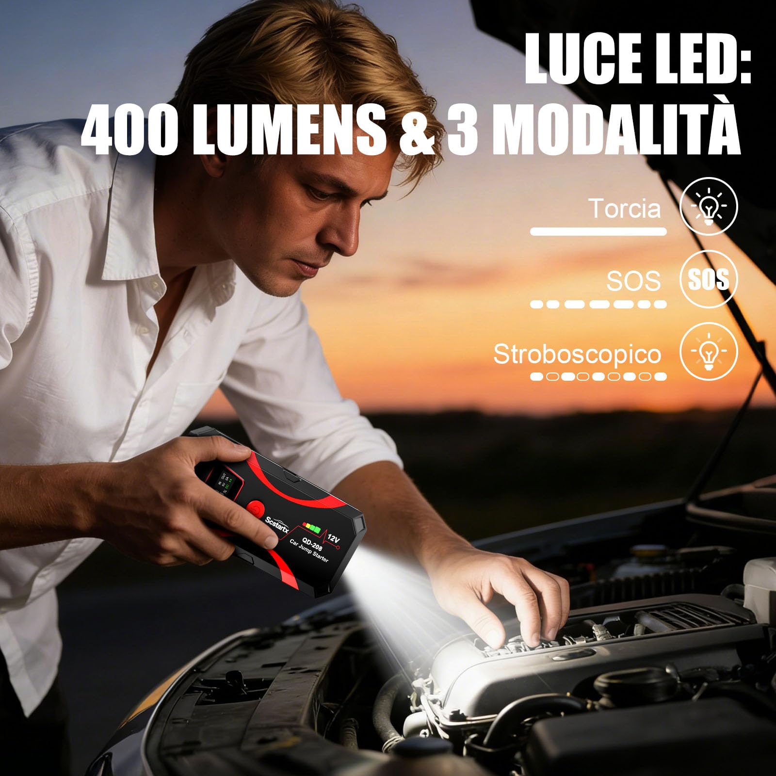 Avviatore per Batteria Auto 208, Batteria di Emergencia Portatile 2000A di Picco 12V per Motociclette e Auto fino a 7L Benzina & 4L Diesel, 3 Modalità Torcia e Morsetti di Sicurezza