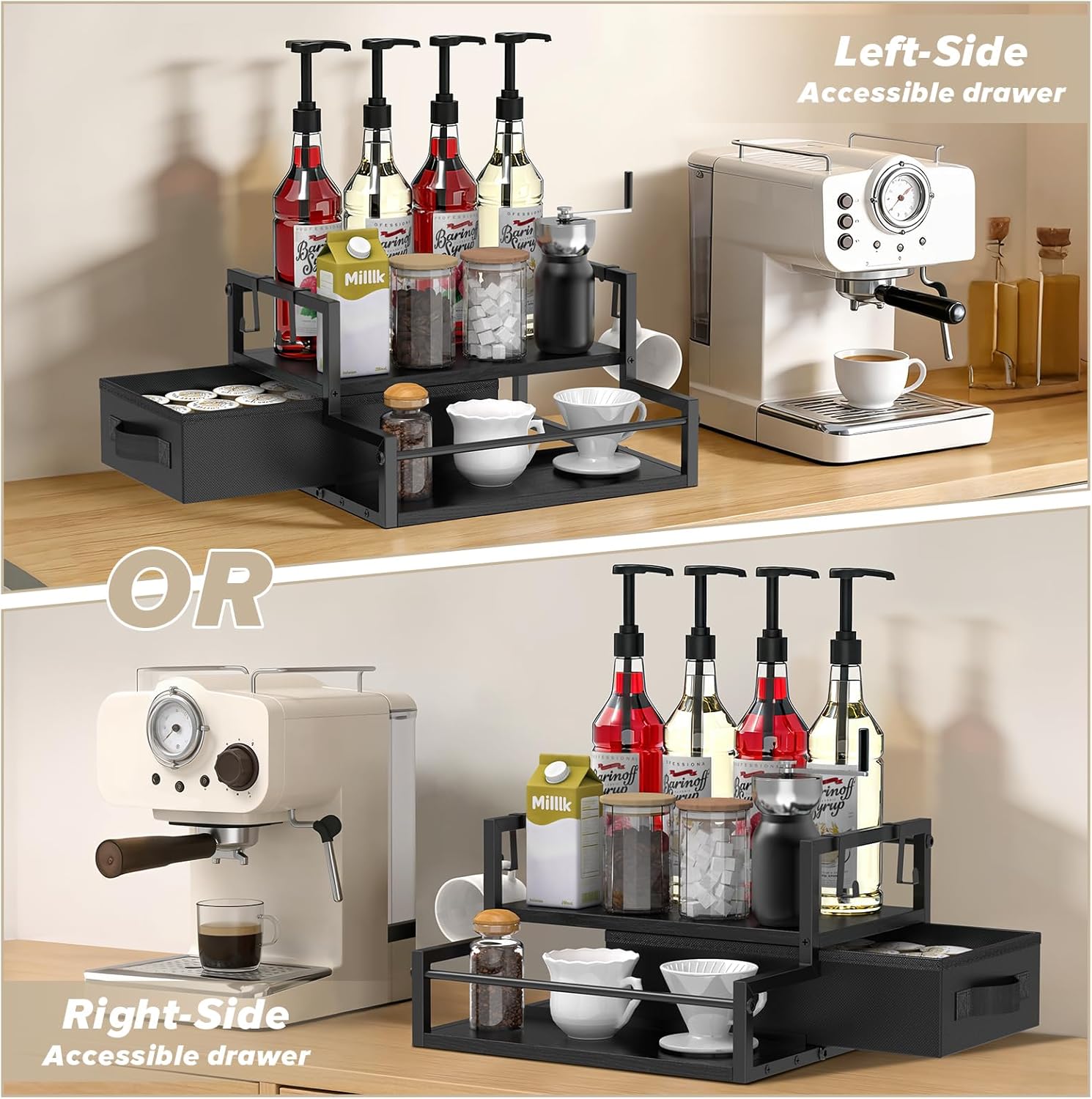 Coffee Syrup Organizer for Countertop, 2-Tier Coffee Bar Organizer with K Cup Storage Drawer, Syrup Rack Station for Accessories, Table Holder Stand for Wine,Tea,Condiment (Classic Black)