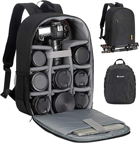 TARION Bolsa para cámara DSLR Mochila para cámara con cubierta impermeable para laptop, compartimento para fotografía, bolsa de fotos para mujeres y