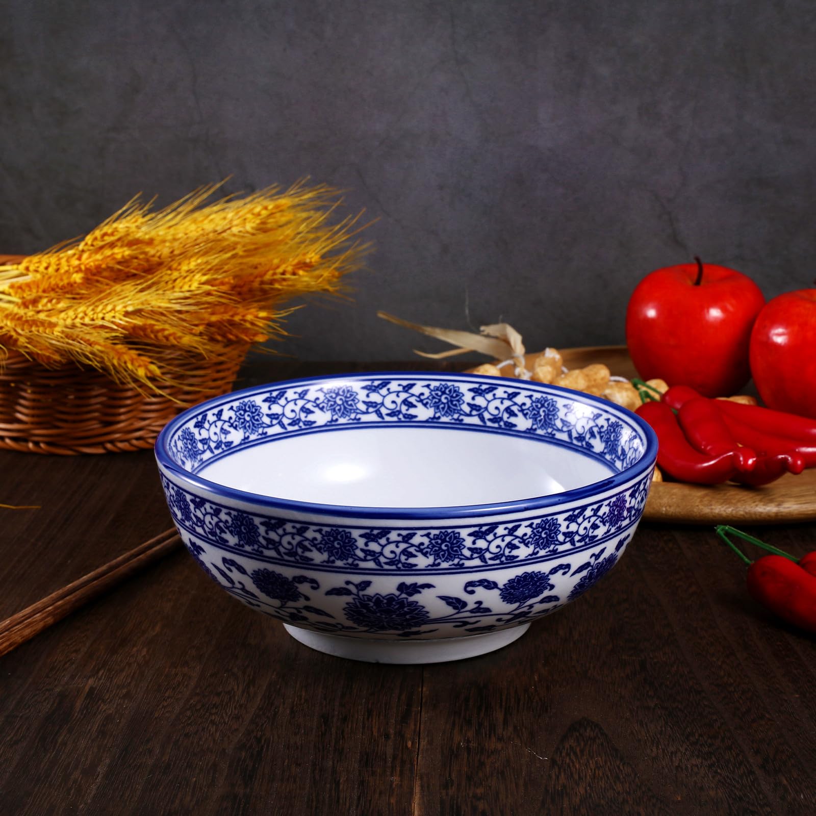 Ciieeo Tazón de Cerámica Azul para Cocina Casera, Adecuado para Sopas y Ensaladas, Diseño Tradicional Chino, Resistente y Versátil para Uso en Restaurantes