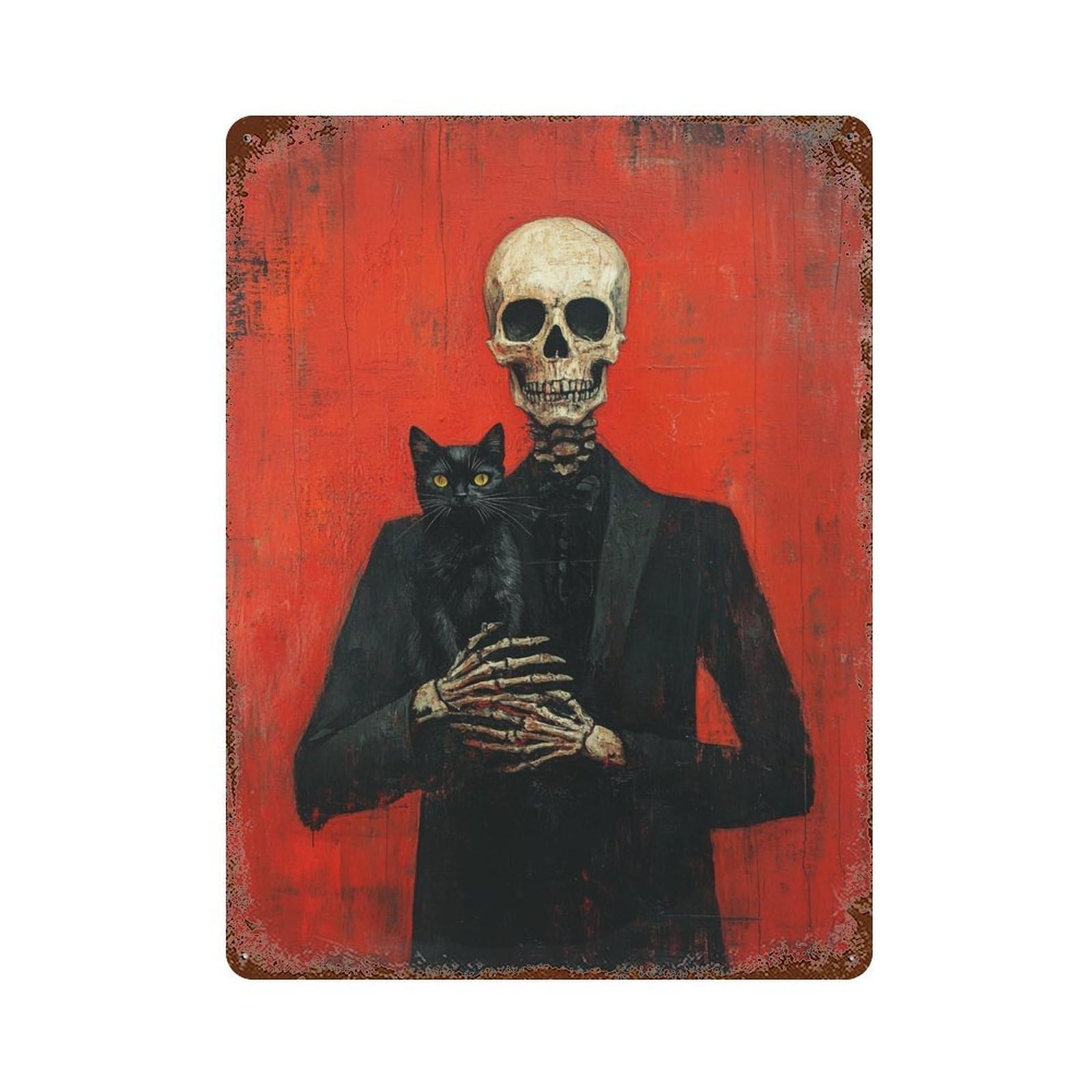 Skull in Suit with Black Cat -3 Rustic Tin Plaque 15.7"x11.8", Industrial Home Decor for Pub, Kitchen And Man Cave Decor