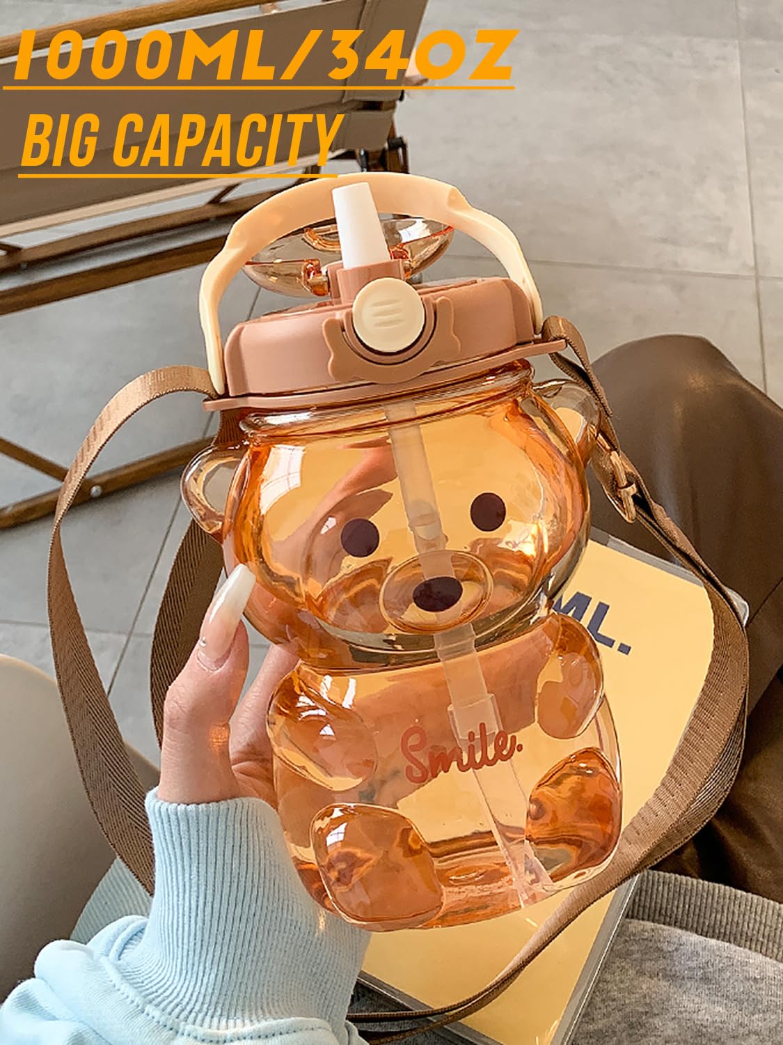 TourKing Teddy Bear Water Bottles with Adjustable Straw,3D Stickers and Strap,Portable Leakproof BPA-Free for School Sports Camping Hiking Travel(1000ml/34oz) - Image 3