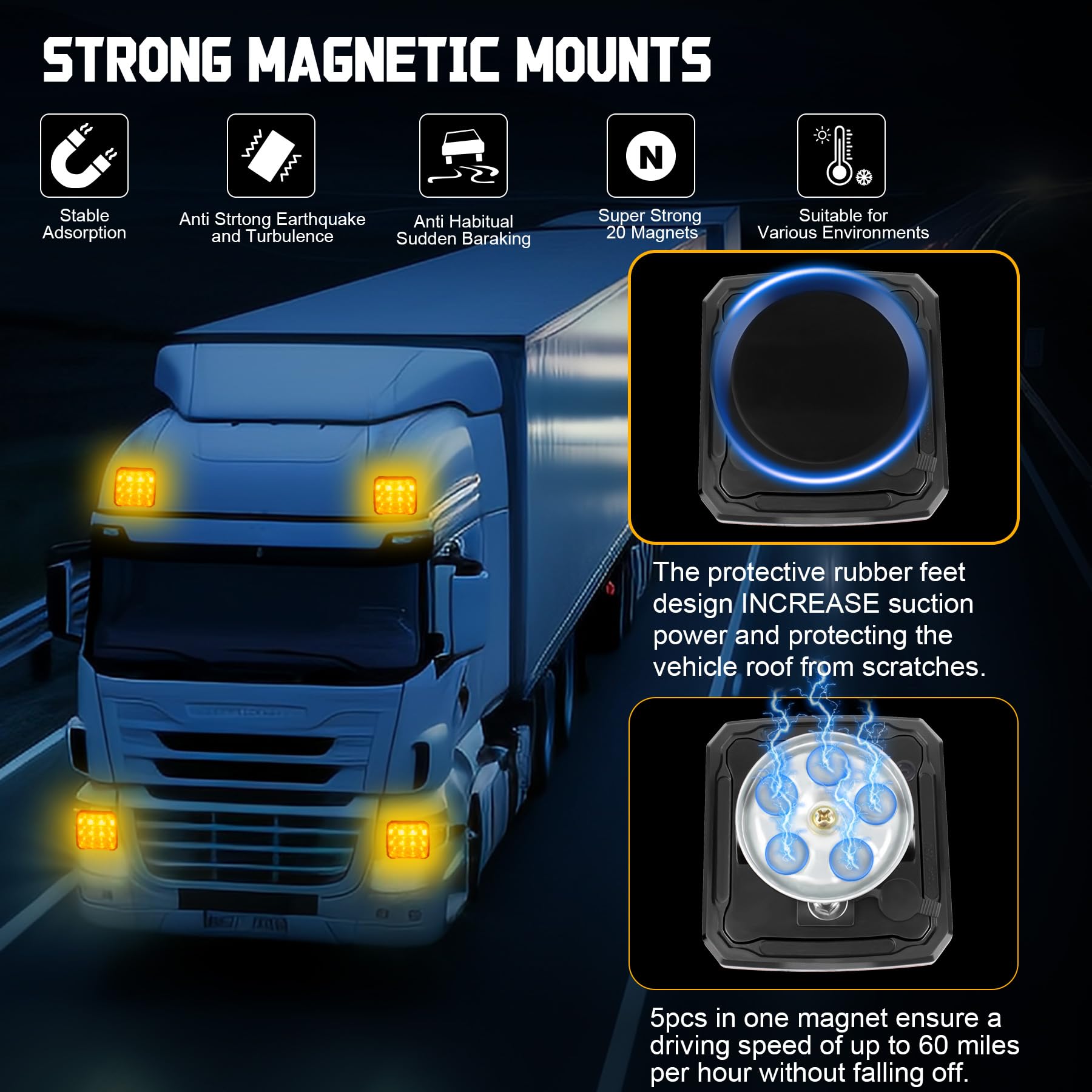 2 luces estroboscópicas LED recargables inalámbricas, luz de emergencia portátil intermitente, beacon de advertencia magnética ámbar para camiones, remolques, tractores y vehículos