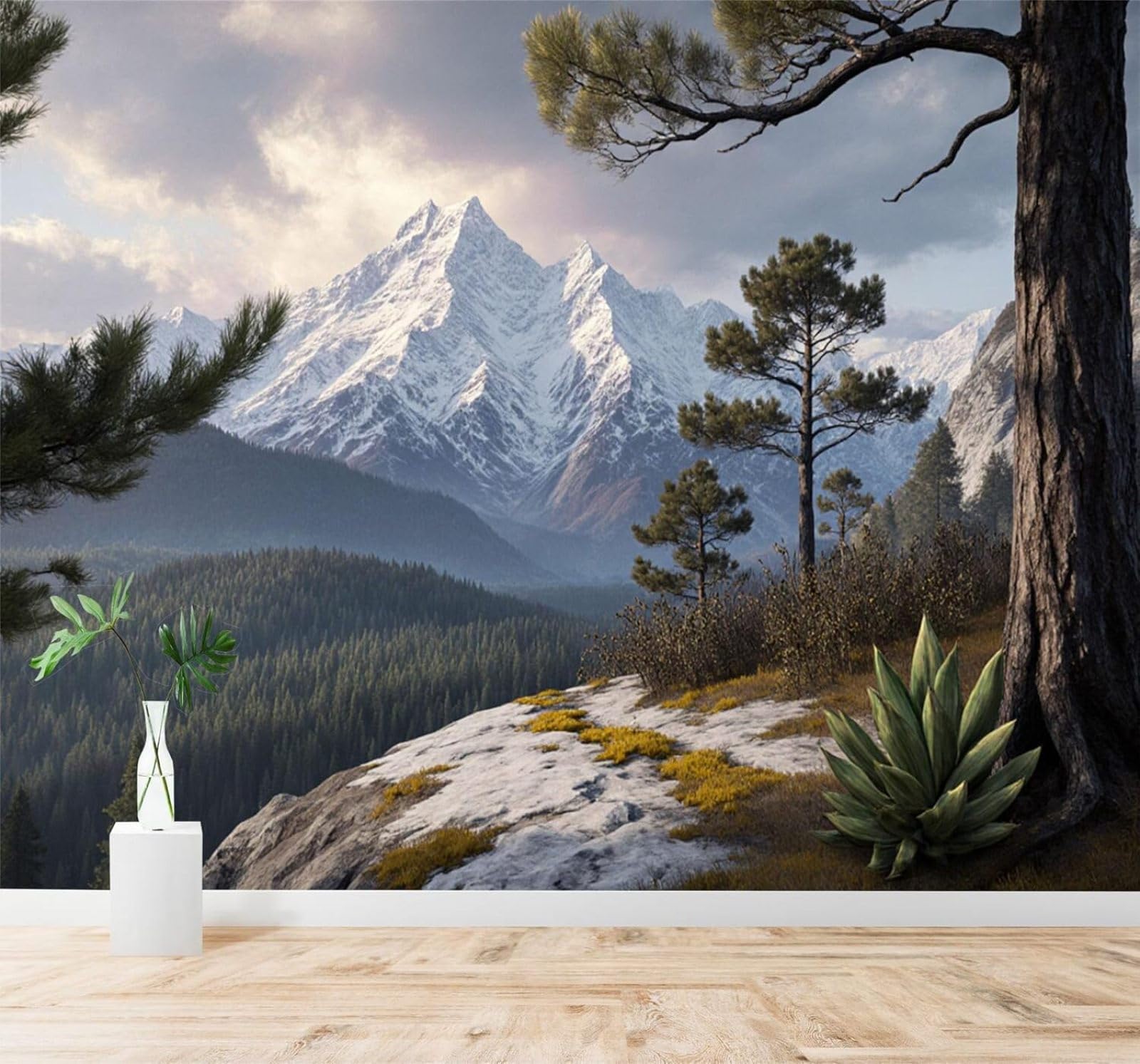 Tzxztt Beautiful Snow Capped Mountains Pine Trees Forest Landscape Modern 3D Wallpaper Premium Textured Silk Neutral Tones Material Ideal for Living Room Bedroom-300cm×210cm