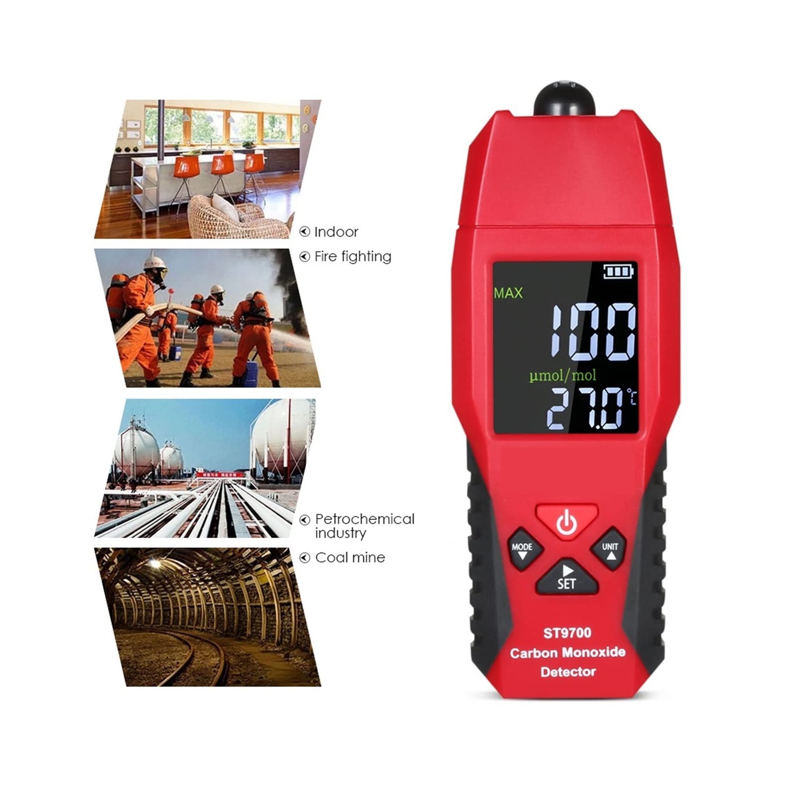 Gasdetektor, Tragbares Kohlenmonoxid-Messgerät CO-Gasanalysator-Messgerät LCD-Display Farbdisplay Ton- und Lichtalarm 0–1000 ppm