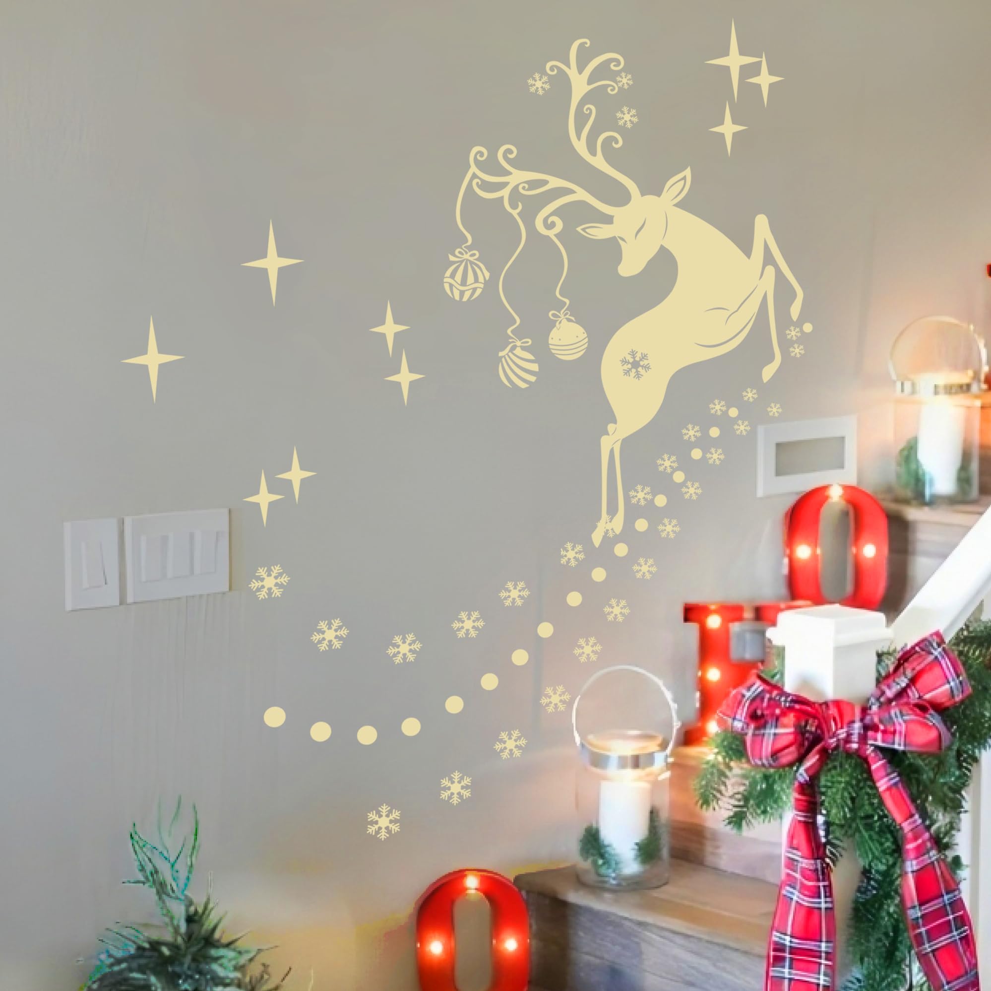 Durable Vinyl Christmas Wall Stickers, Double Sided Santa Reindeer Snowflake Decorations, Removable 55x80cm Rudolf Xmas Window Decals for Home Office Shop Party Décor, for 1.5-2M Wall, Cream
